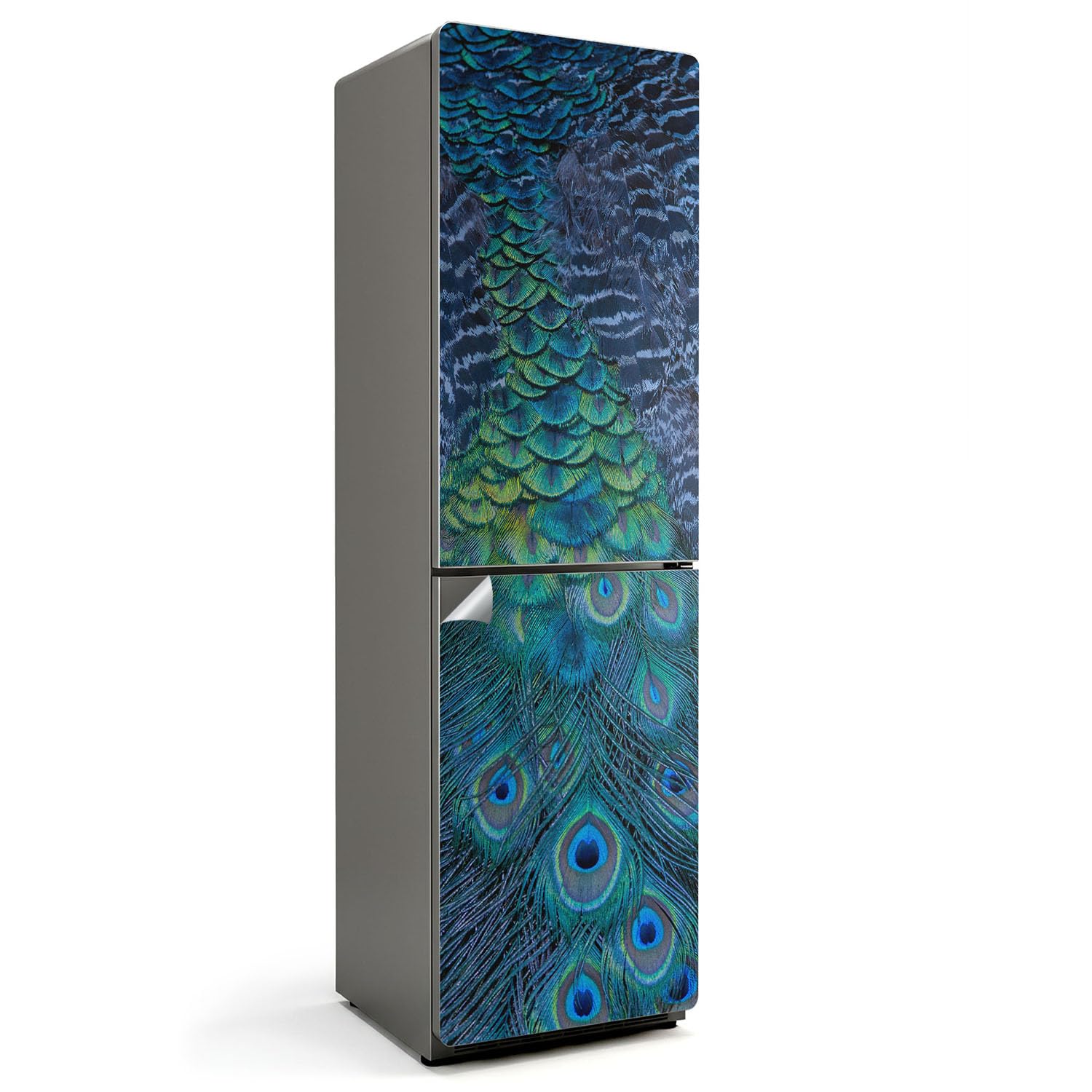 Sticker frigo 60x205 cm plumes de paon couvrant entièrement la porte de cuisine