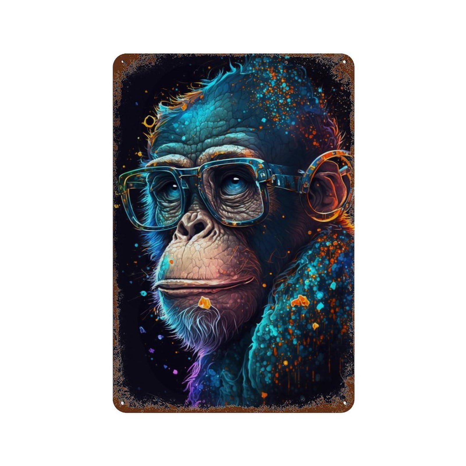 Decorative Tin Sign with Gorilla with Glasses Art Print Design 11.8"x7.9", for Farmhouse, Kitchen And Entryway Decor, Decorative Metal Wall Art