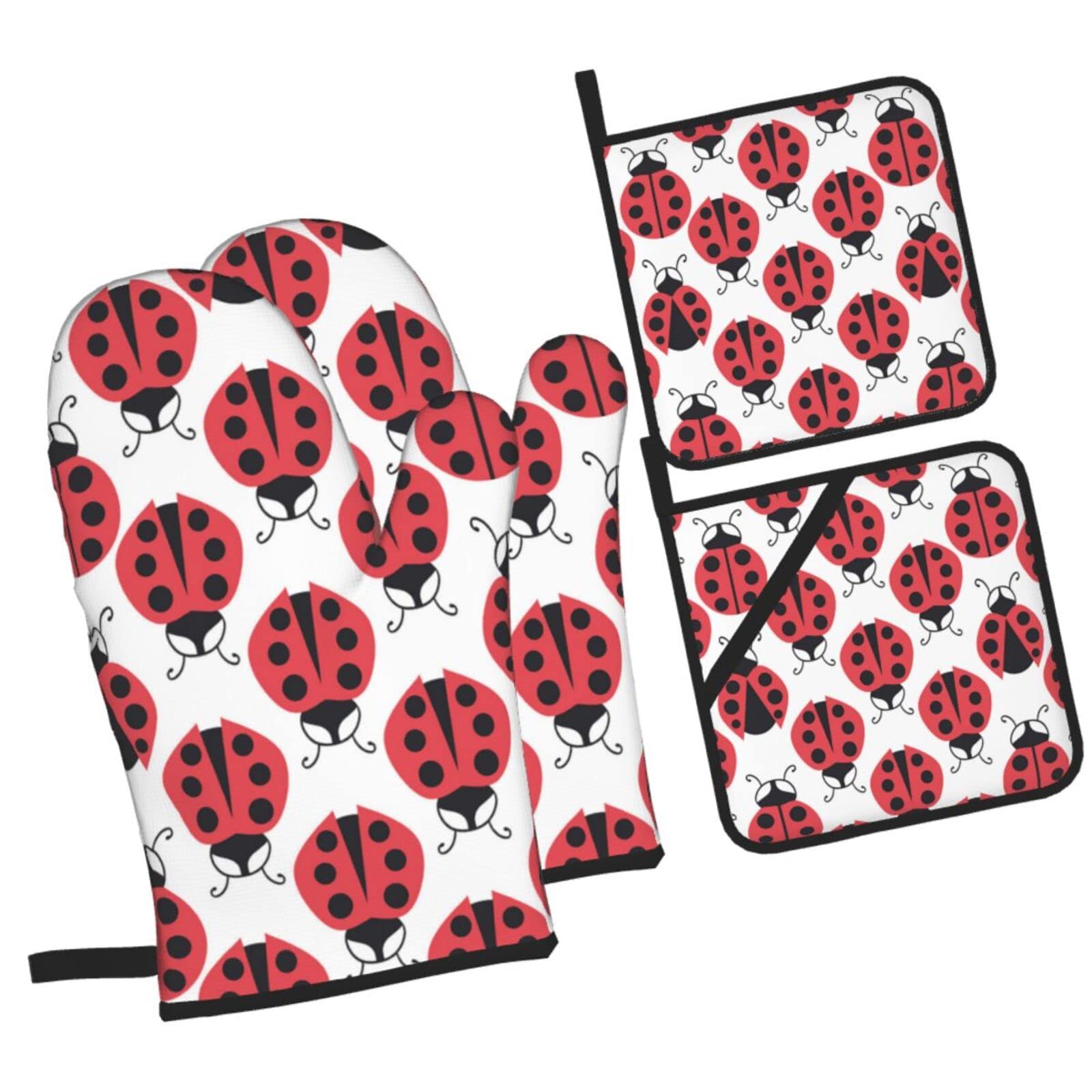 Cute Ladybug Seamless Oven Mitts and Pot Holders Sets, Christmas Oven Mitt Kitchen Heat Resistant Non-Slip Pot Holders Set for Cooking Baking BBQ