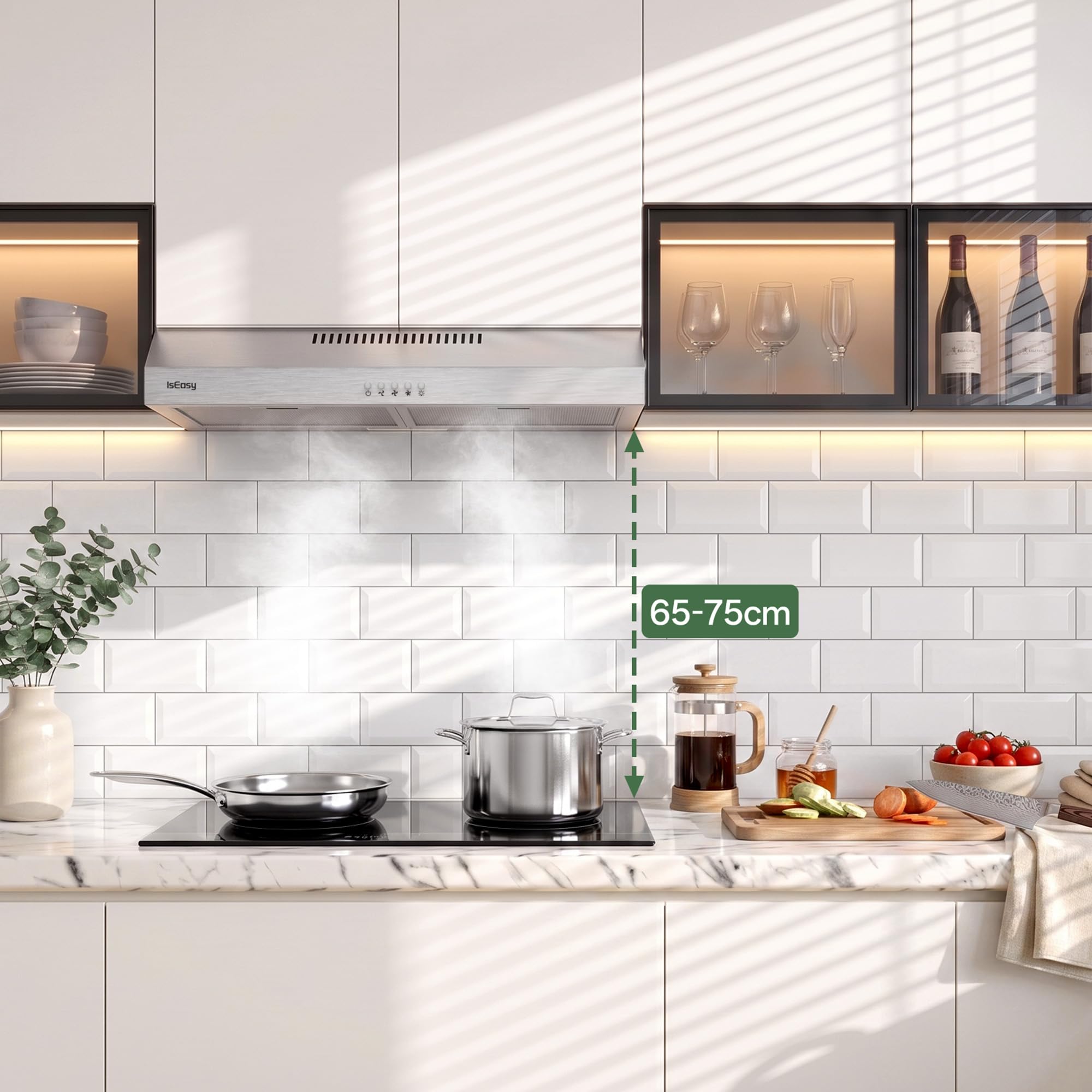 IsEasy Cappa Aspirante Sottopensile 60 cm A++ 250 m³/h, Cappa Integrata per Mobile Sottopensile, 3 Livelli, Ricircolo/Scarico, Lampada LED 2 W, Filtro Carbone X1, 60 dB, Acciaio Inossidabile Argento