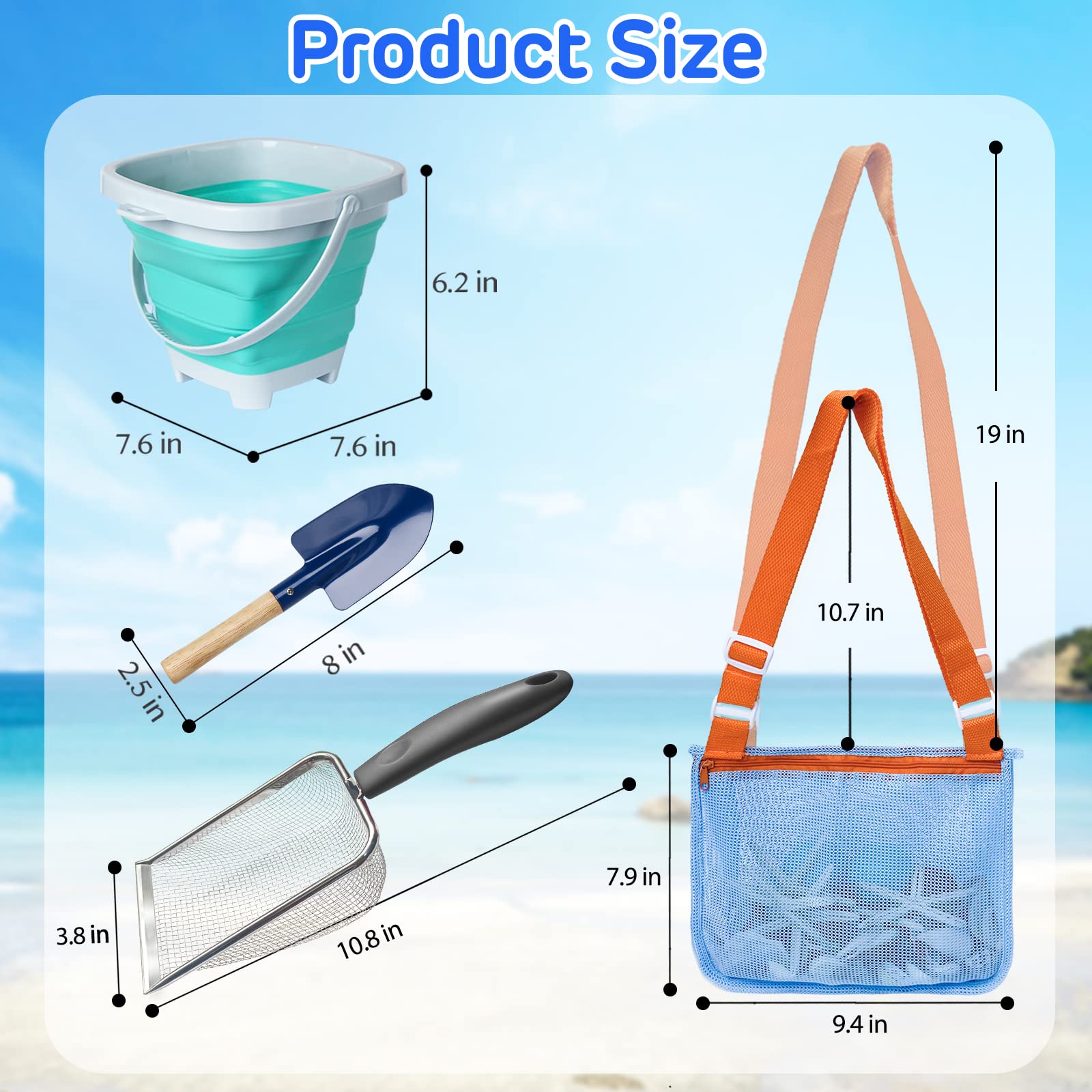 OKGD 4 Pack Beach Toy Mesh Shovel and Mesh Beach Bag Seashell Bag with Foldable Beach Bucket & Shovel for Shells Collecting,Sand Sifter Kids Filter Sand Scooper