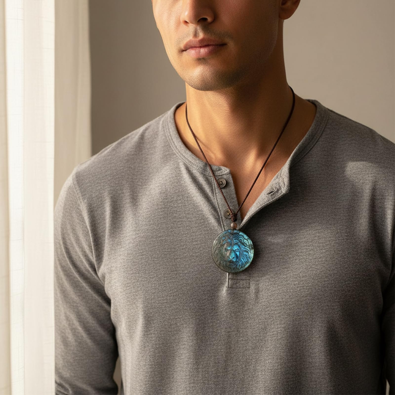 TUMBEELLUWA Collana con ciondolo in labradorite naturale, unisex, realizzata a mano, con pietra di cristallo, amuleto, con cordino regolabile