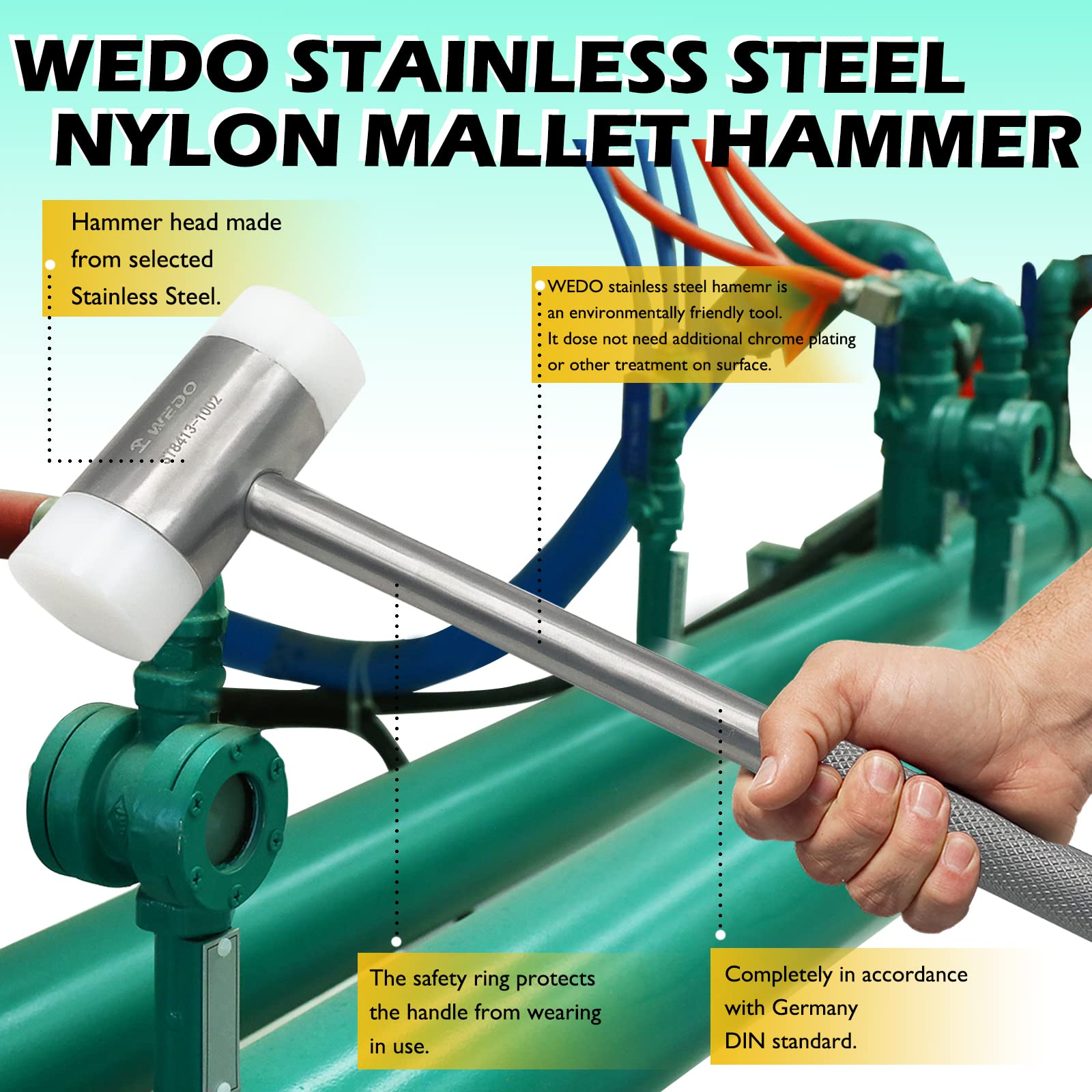 WEDO Martillo de nailon inoxidable con mango de acero inoxidable,resistente a la corrosión,duradero,respetuoso con el medio ambiente,cabeza de 800g,340mm de longitud,13.5 pulgadas