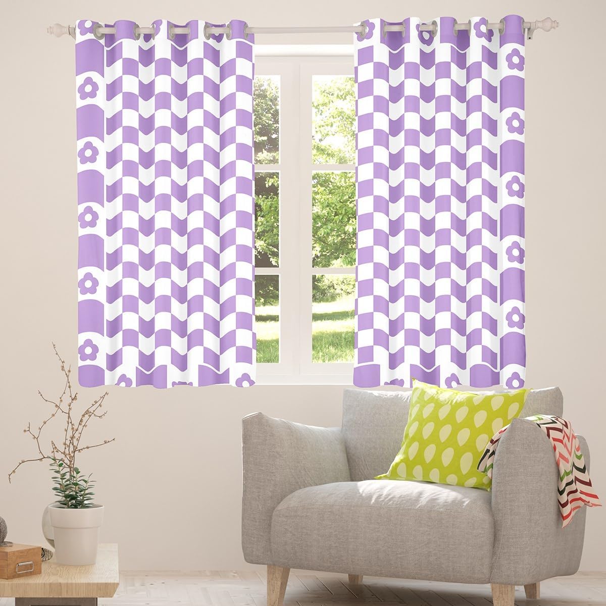 Manfei Geometric Grids Kids Window Curtains,Cartoon Daisy Flowers Window Drapes for Girls Women,Geometric Ombre Checkered Lattice Purple Window Treatments Grommet Top 2 Panel Set,42Wx90L inch