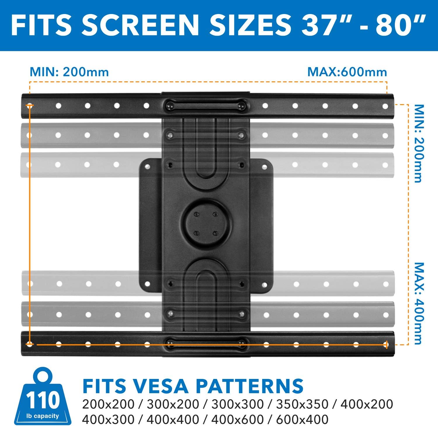 Diagram illustrating various VESA mounting patterns and compatible screen sizes for the Mount-It! MI-387 TV mount.