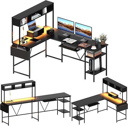 Shahoo Escritorio en forma de L con tomas de corriente, tira LED y soporte para monitor, mesa reversible de 66 pulgadas con bolsillo lateral para