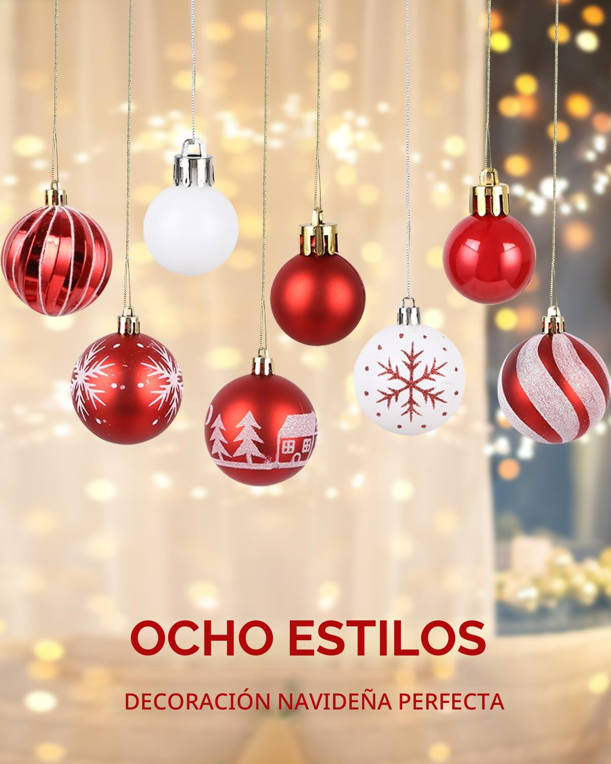 Juego de Bolas de Navidad, Bolas de Navidad Blancas y Rojas, 44 Piezas, 6 cm y 3 cm, Adornos Arbol Navidad, Bolas de Plástico Blancas y Rojas para Decoración Arbol Navidad Casa