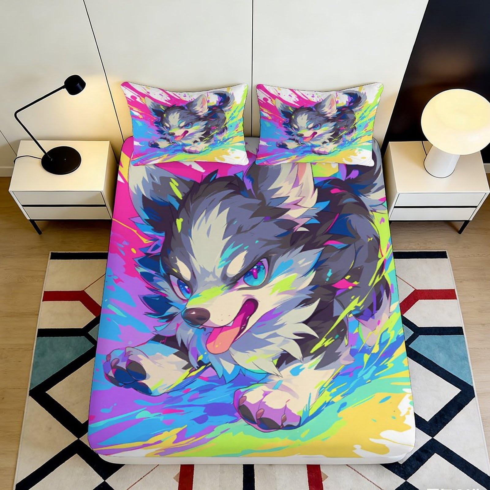 3D Printed Husky Splash Fitted Sheet Microfiber Vibrant Dog Pattern Mattress Cover Bedroom Decor Washable 90x200x25cm