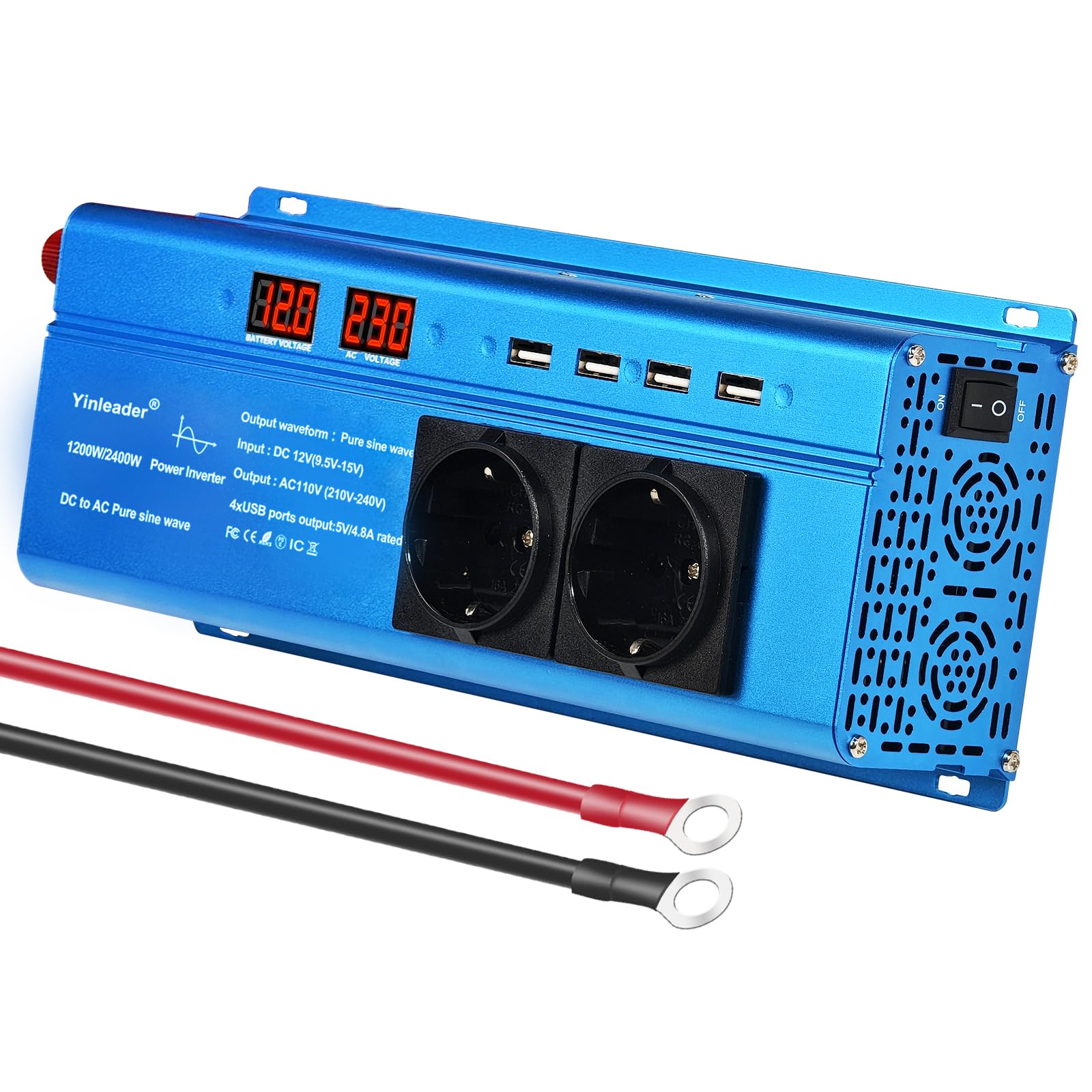 Yinleader 12V auf 230V 2400W Reiner Sinus Wechselrichter 2 EU Steckdosen und 4 USB-Anschlüsse 2 LED Spannungswandler