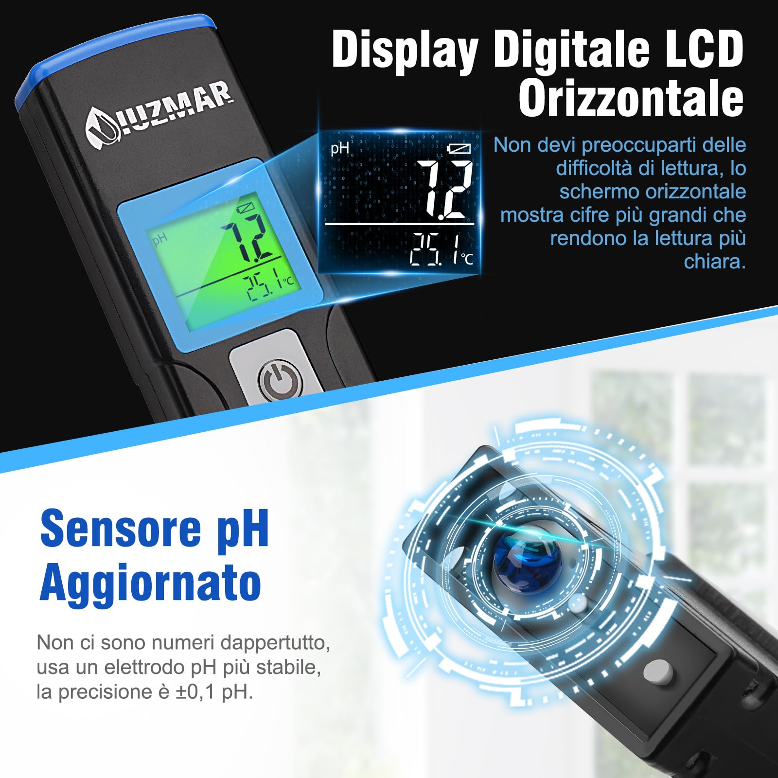 UIUZMAR Misuratore pH Piscina, Misura pH e Temperatura dell'acqua, pHmetro Acquario, Misuratore pH Elettronico per Jacuzzi, Acquario, Spa, Acqua Potabile, Idroponica