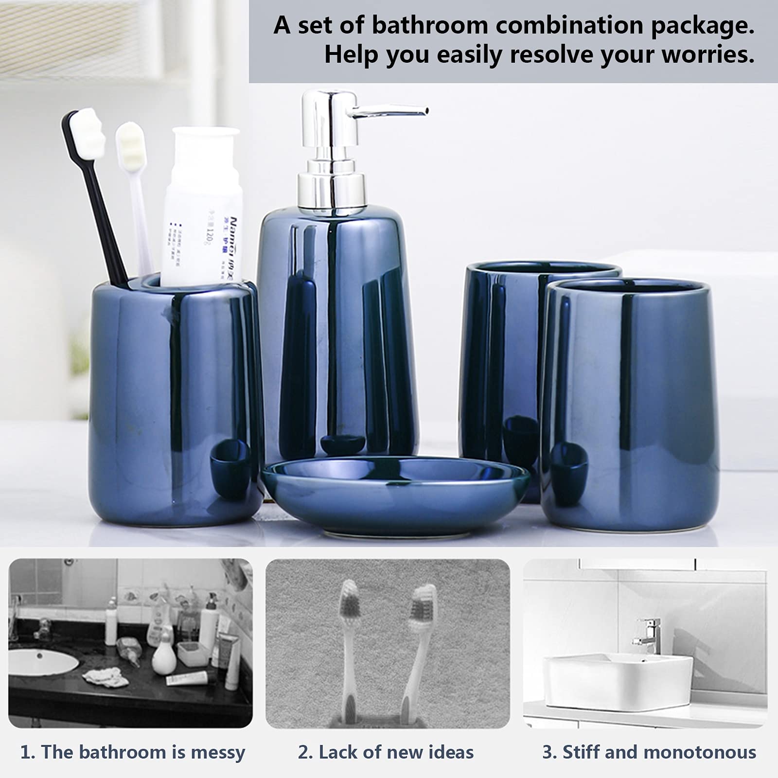 Juego De Accesorios De Baño Moderno De 5 Piezas Accesorios De Baño con Jabonera Dispensador De Jabón Vaso De Cepillo De Dientes Portacepillos De Dientes Cerámica Reflectante,Azul