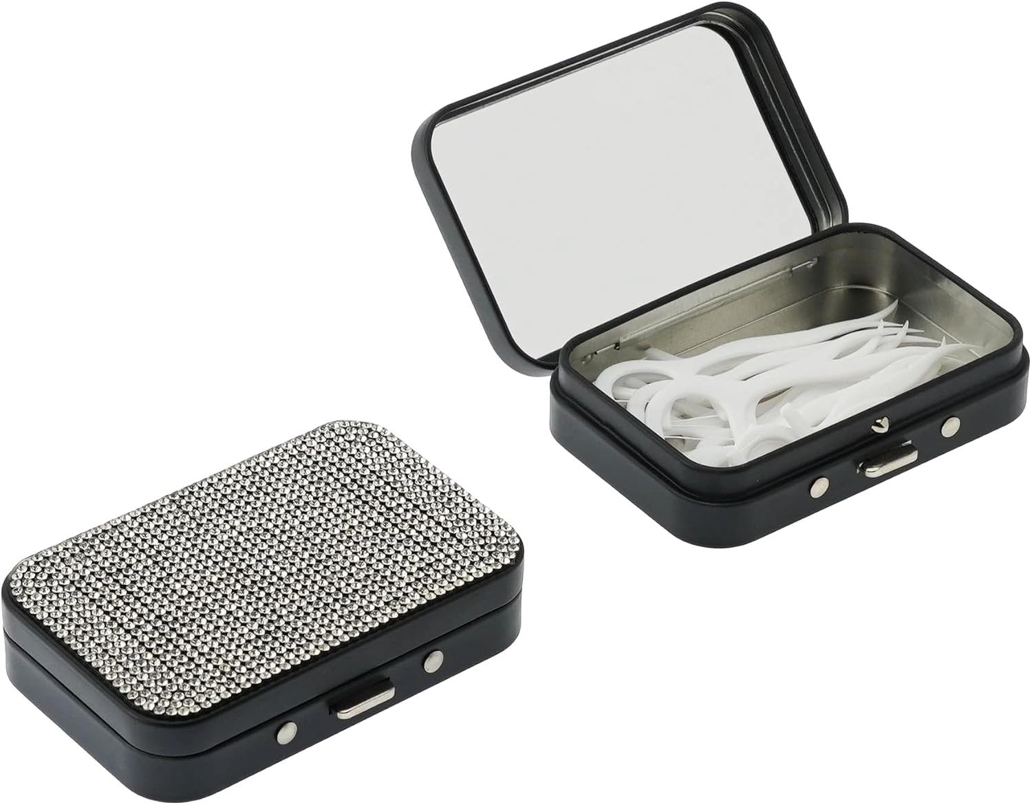 2Pack Bling Dental Floss Cases with Mirror, Portable & Refillable Floss Pick Holders, Gum Container Metal Tin Box Case for Q-tip,Cotton Swab (Bling Black)
