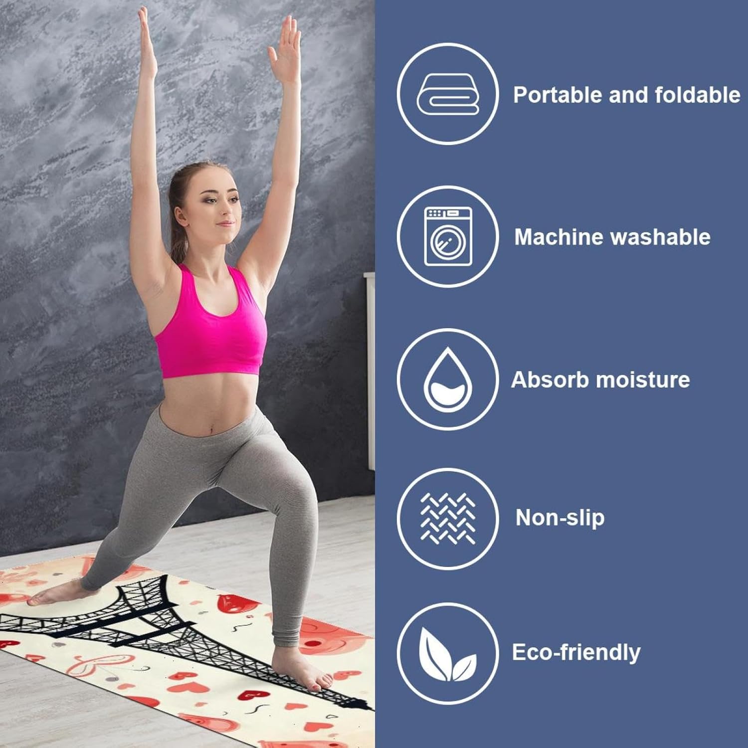 Yoga Towel, Eiffel Tower Valentine's Day Pattern Non Slip Sweat Absorbent Hot Yoga Mat Towel for Hot Yoga, Pilates and Fitness - 72.8" x 26.8"