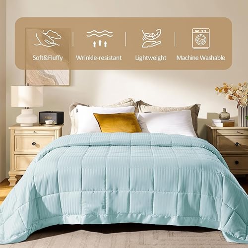 Miniatura 2 de downluxe - Manta con ribete de satén, ligera, con relleno alternativo, para todas las estaciones, lavable a máquina, tamaño queen (color azul frío,