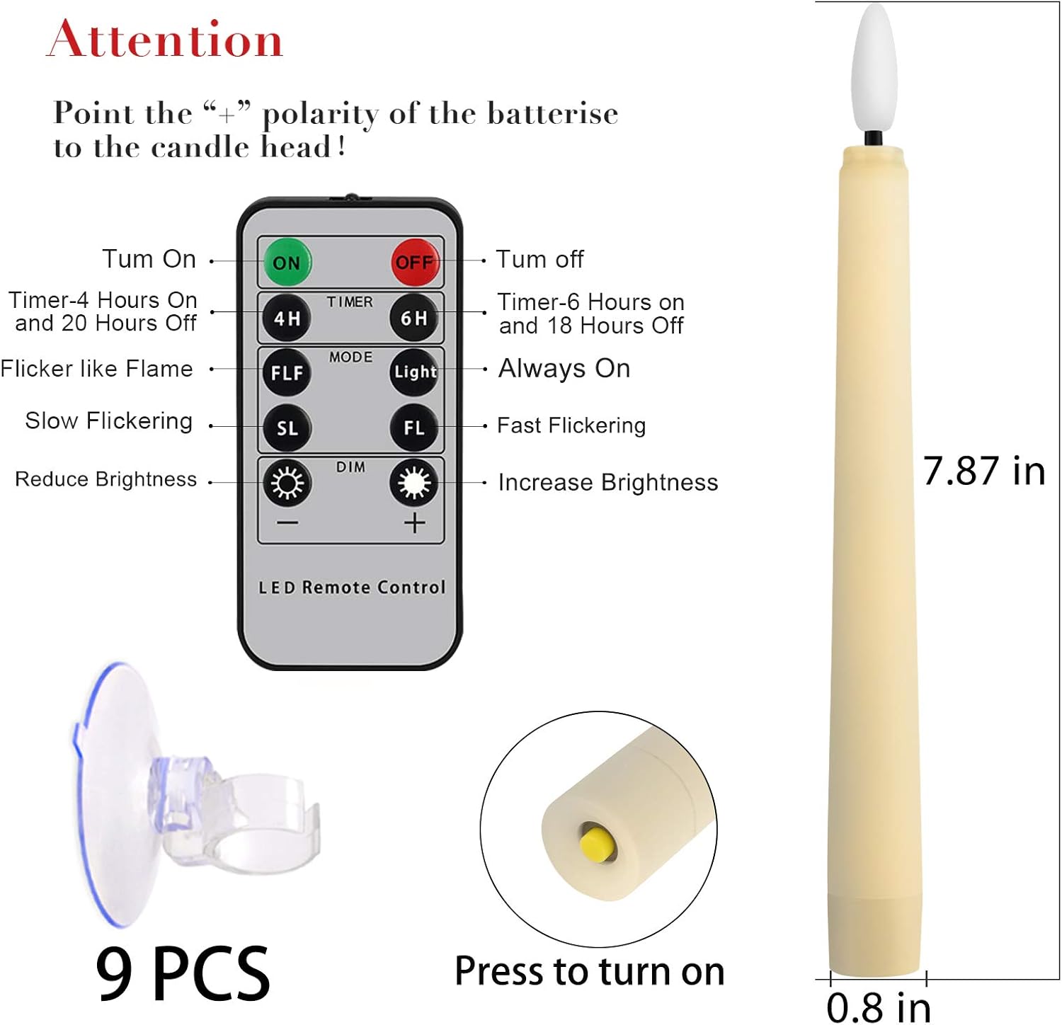 9 PCS Flameless Taper Candles Battery Operated, Realistic Flickering Window Candles with Daily Timer, Remote & Suction Cups Included,for Christmas Home Wedding Decor (Ivory)
