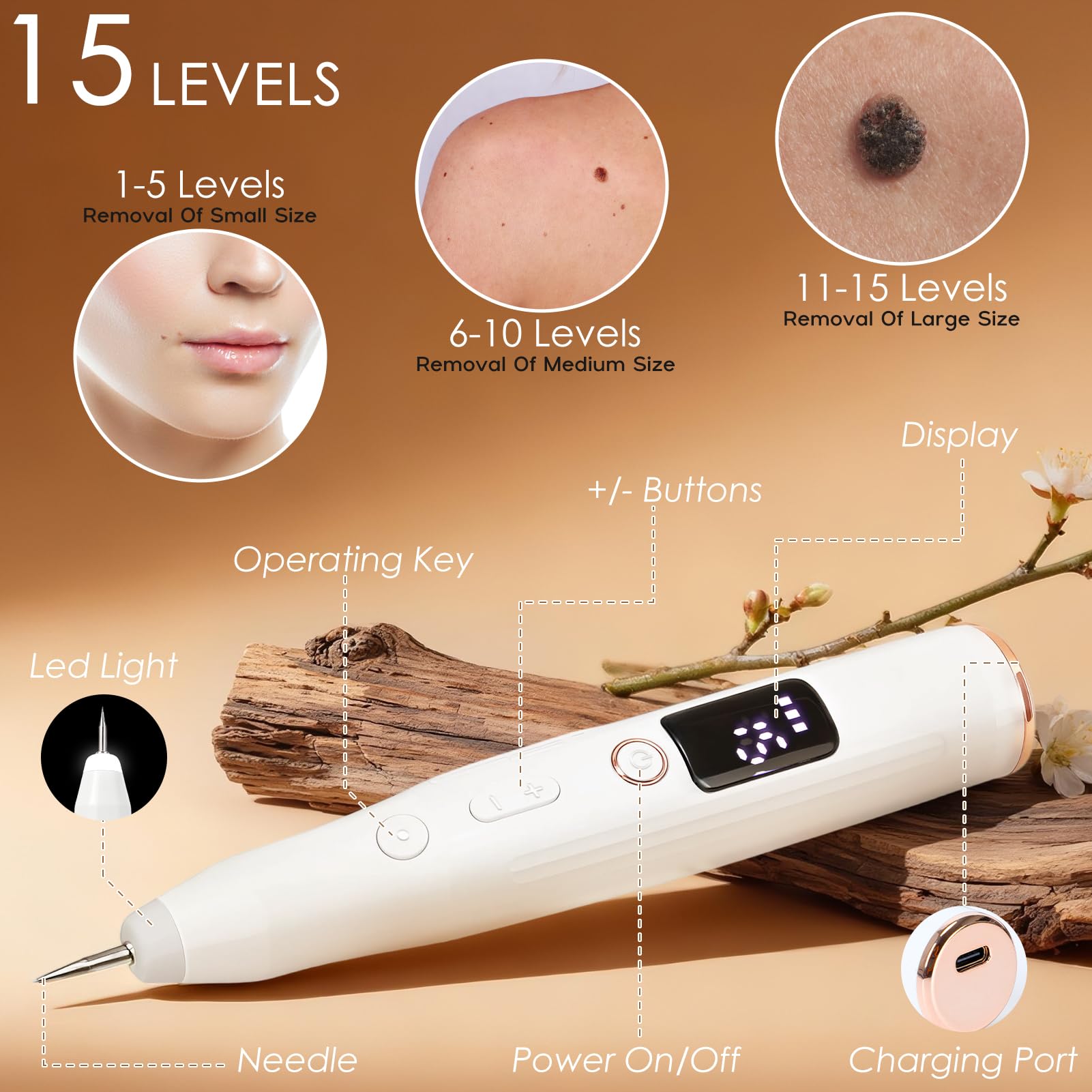 Sicura e Penna Al Plasma,Rimuove Voglie Verrucheskin Tag Remover con 15 Livelli Regolabili e Luce Led, Penna Al Plasma Ricaricabile Tramite Usb per Nei, Verruche, Lentiggini, Macchie Scure