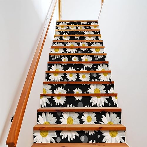 Calcomanías de escalera de círculos de margaritas blancas, calcomanías extraíbles para elevadores de escalera, calcomanías de murales de escalera