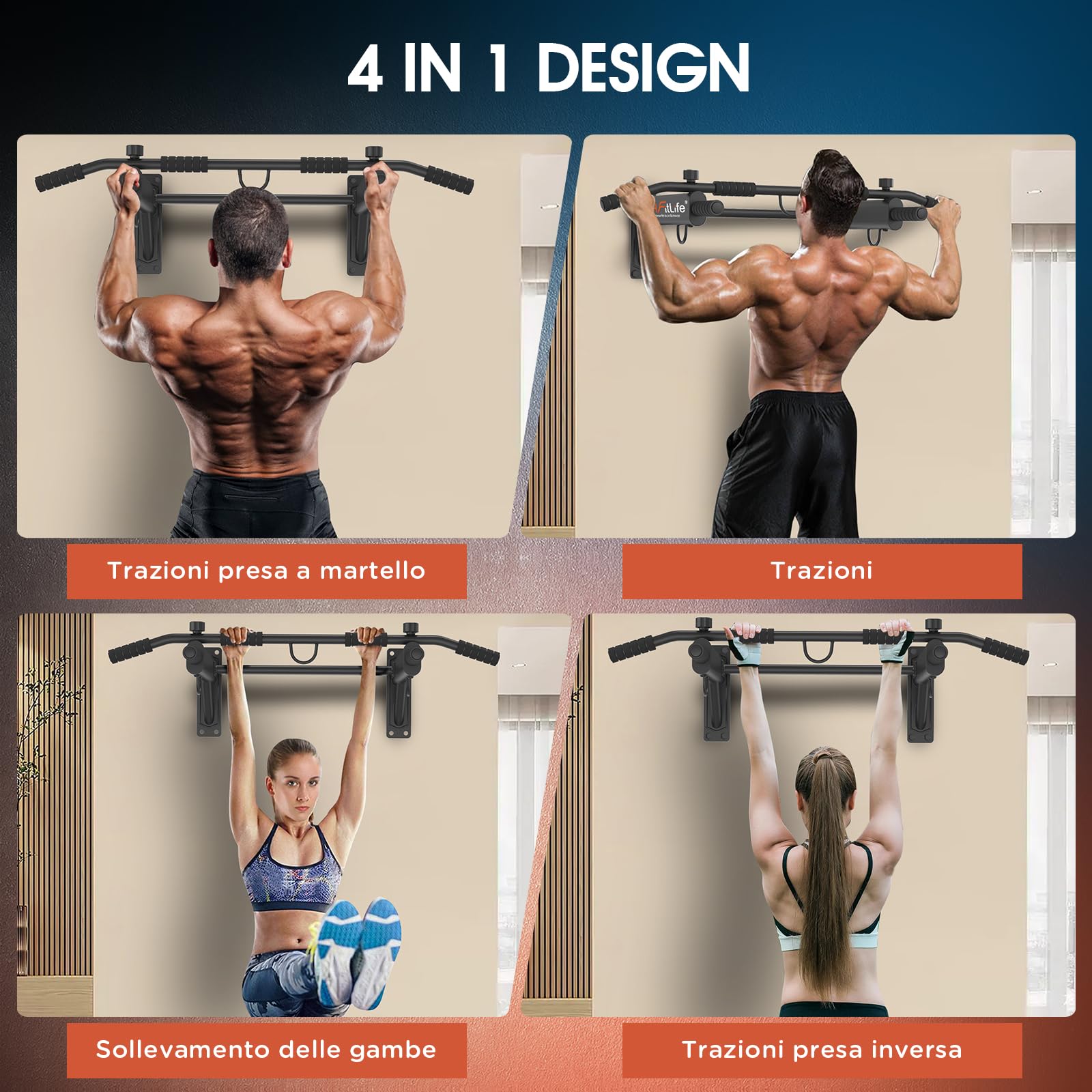 DH FitLife Sbarra Trazioni a Muro 4 in 1 con Tasselli ad Espansione, Pull-Up Bar Multifunzione per Casa, Stabile fino a 200kg | 6 Impugnature Antiscivolo | 3 Occhielli per Sacco Boxe & Sling Trainer
