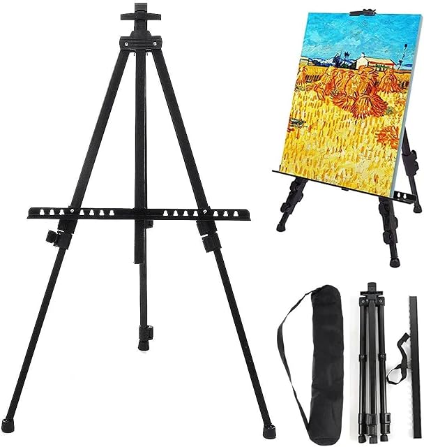 63 Strong Metal Foldable Easel for Painting Canvases Floor Table Top Drawing and Displaying T-Sign with Portable Black Bag Adjustable Height Extra Sturdy Lightweight