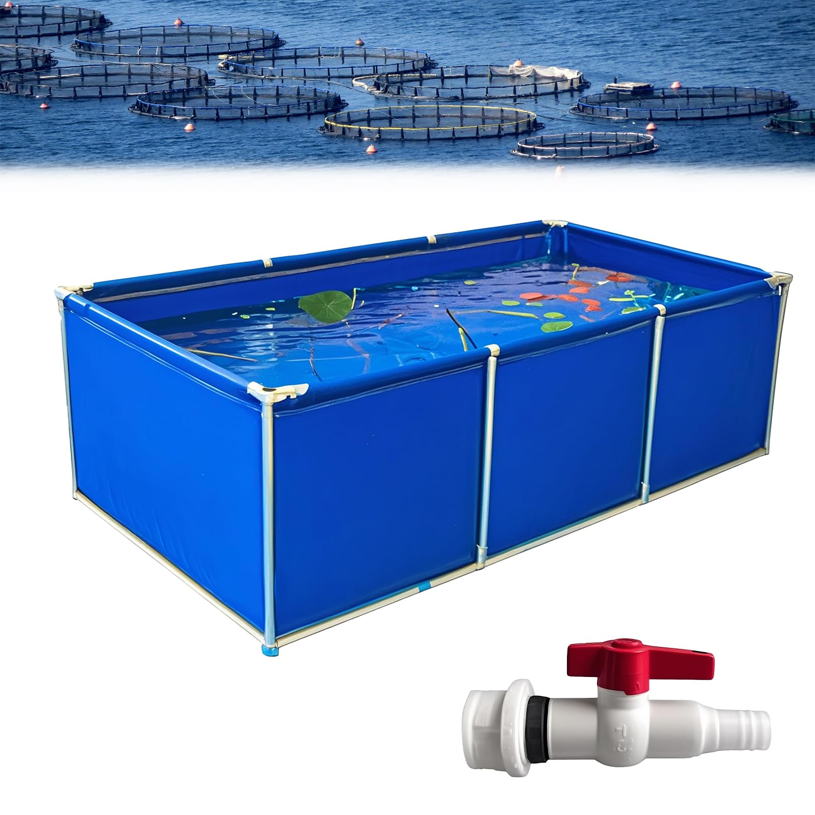 Poxvythb Square Canvas Fish Pond Quarium pool pond PVC Canvas + Drain Valve, 0.8mm Waterproof Layer Temporary Aquarium/Reservoir - Suitable for Koi and Turtle Swimming | Size 1x1x0.5m | Blue