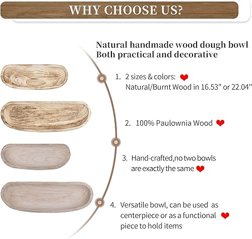 Miniatura 7 de Hanobe Cuenco decorativo de madera para masa cuencos grandes de madera quemada rústica, bandeja de centro de mesa larga para cocina, sala de estar,