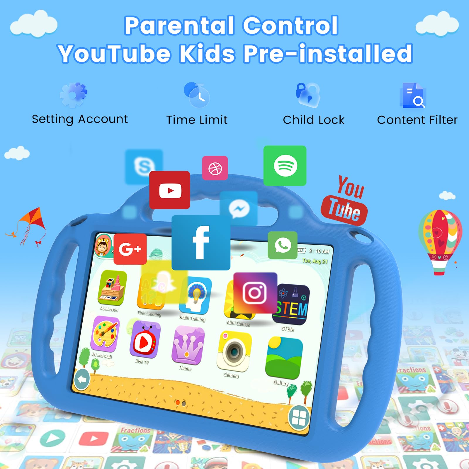 Tablet per bambini da 10 pollici, con controllo genitori, 12 GB di RAM, memoria espandibile fino a 2 T, schermo FHD per la protezione degli occhi, batteria da 6000 mAh e custodia protettiva