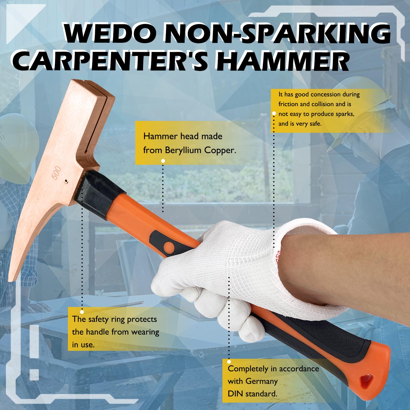 WEDO Martillo de carpintero sin chispas, martillo de marco de 500 g con mango de fibra de vidrio, martillo de garra recta de cobre berilio, longitud 300 mm, no magnético, certificado BAM y FM