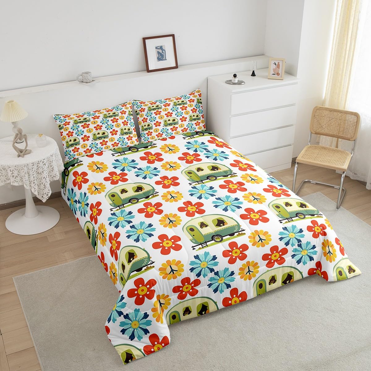 Erosebridal Camping Duvet Insert Retro 60s 70s Groovy Flower Comforter Set for Women Adult Girls,Green Camper Bedding Set Peace Sign Quilt Queen,1960's 1970's Hippie Disco Camping Decor for Camper