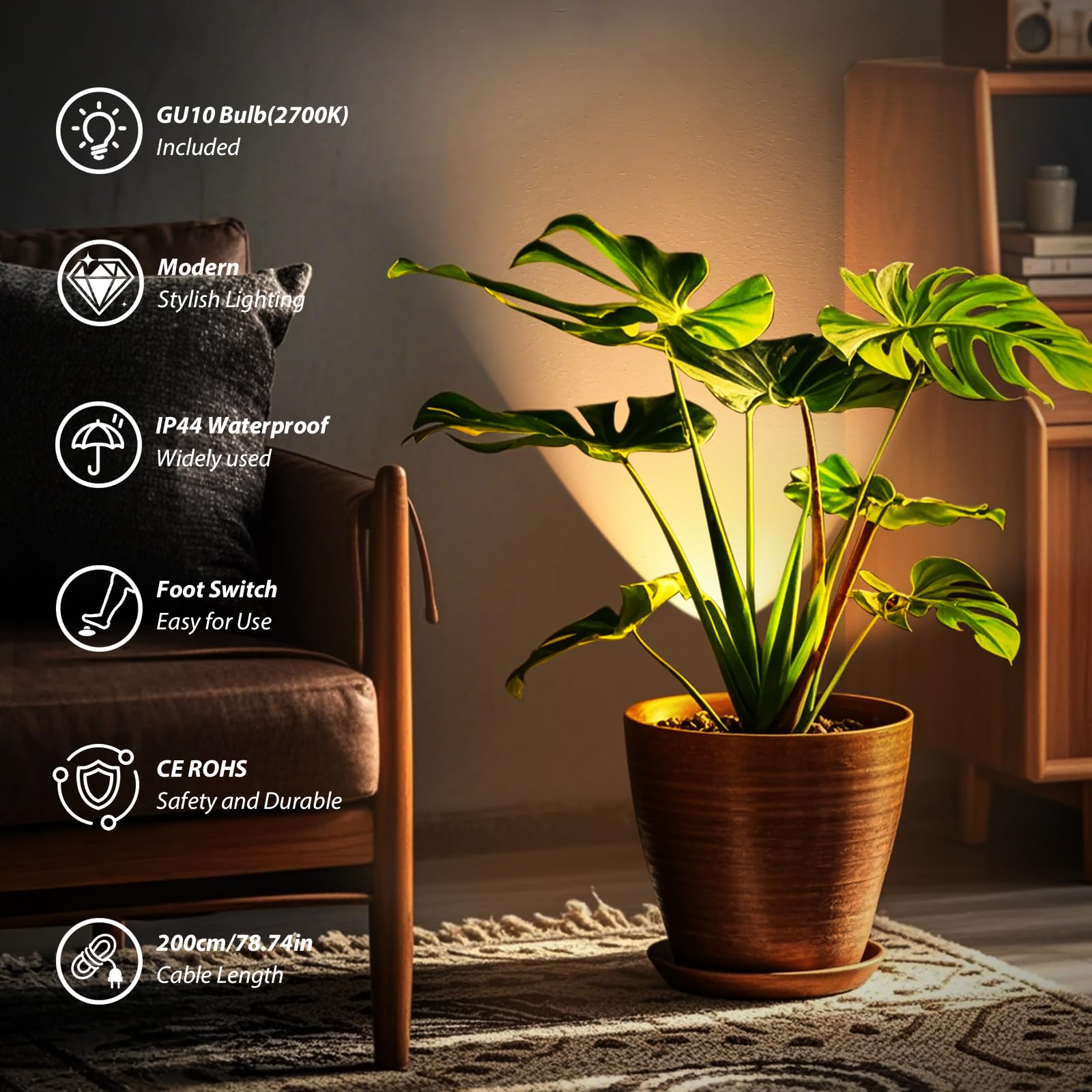 GeyouLux LED uplight spotlight lámpara de pie de aluminio IP44 resistente al agua 6W 600LM, lámpara de pie con interruptor de pie, incl. GU10 lámpara 2700K blanco cálido negro