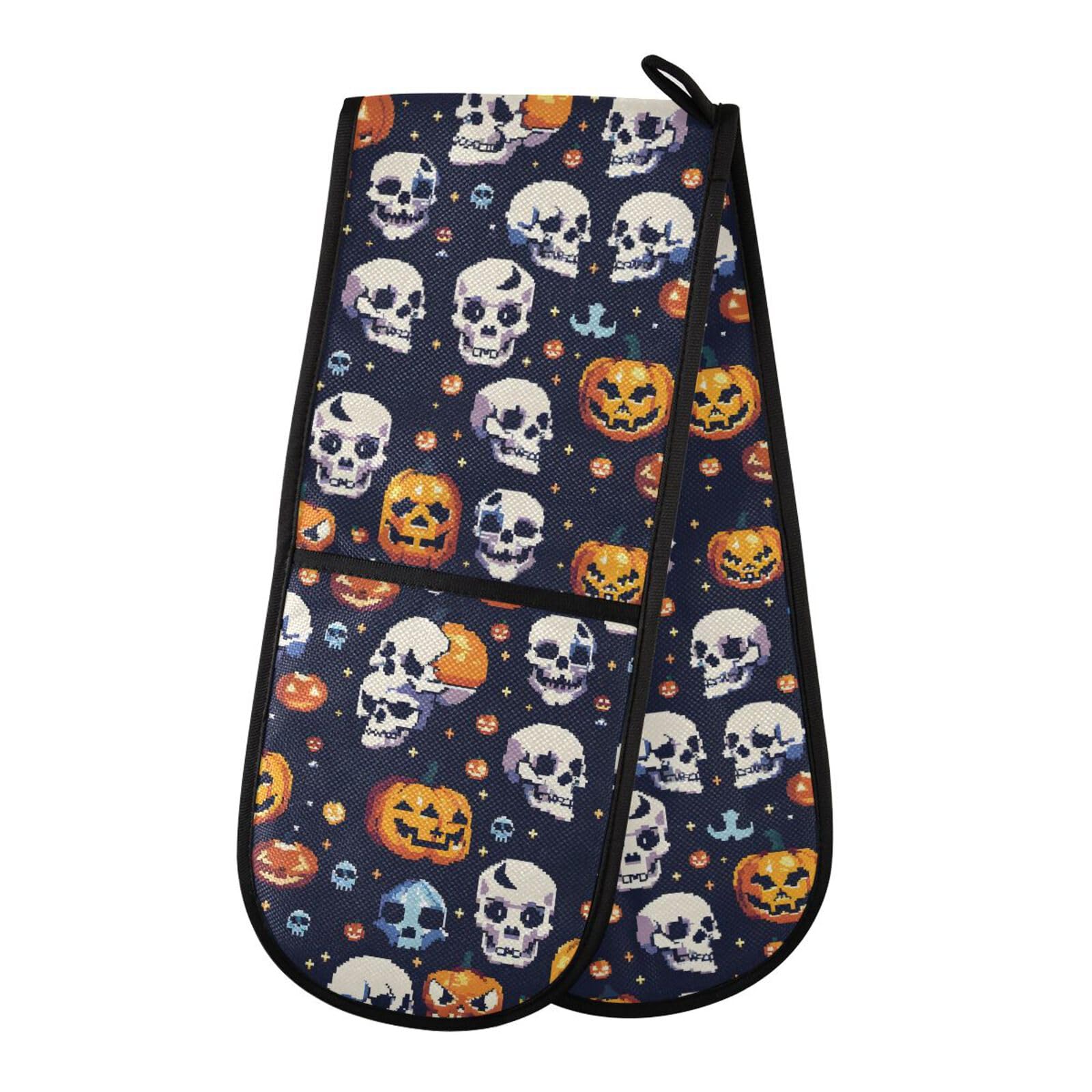 Double Oven Gloves Skull Pumpkins Pattern Heat Resistant Pot Holder Oven Mitt Gloves for BBQ Cooking Baking Grilling Microwave