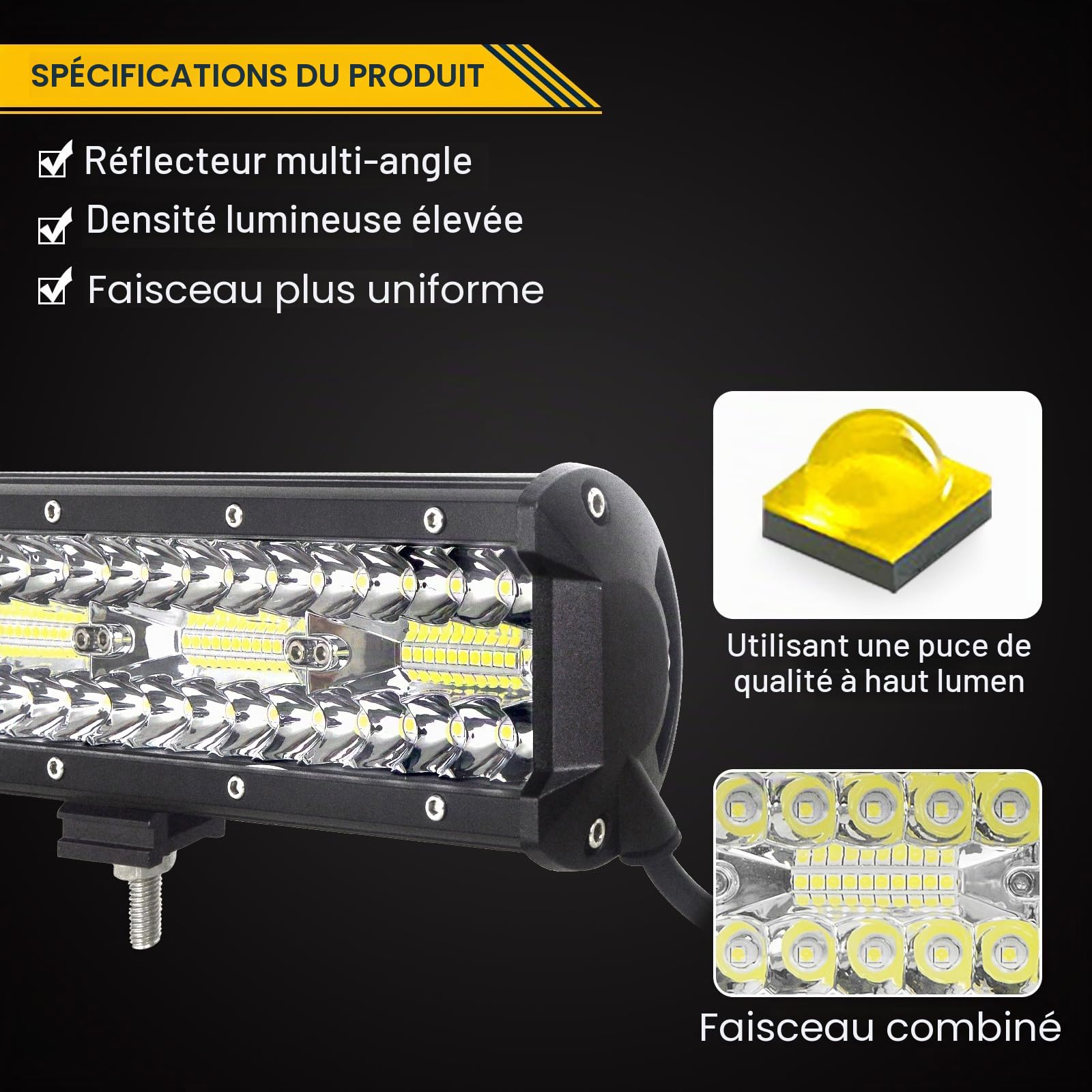 AUXTINGS 66 cm 180W Barre LED 4x4 Con Câblage, 3 Rangée Spot et Inondation Barre lumineuse 12V 24V Étanche Bar a led Feux Phare de Travail Projecteur pour SUV Voiture Camion Tracteur Véhicule Bateau