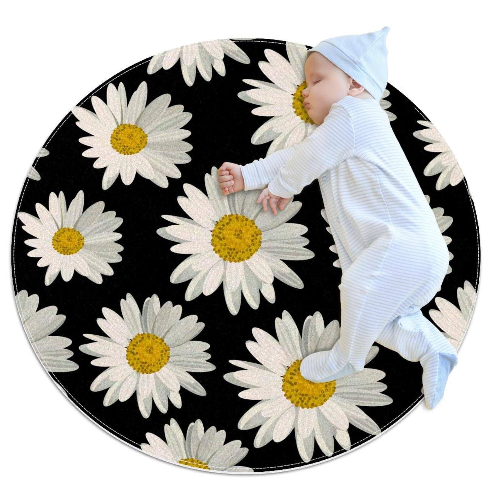 Tapis rond 80x80cm fleurs de marguerite pour sol glissant de chambre