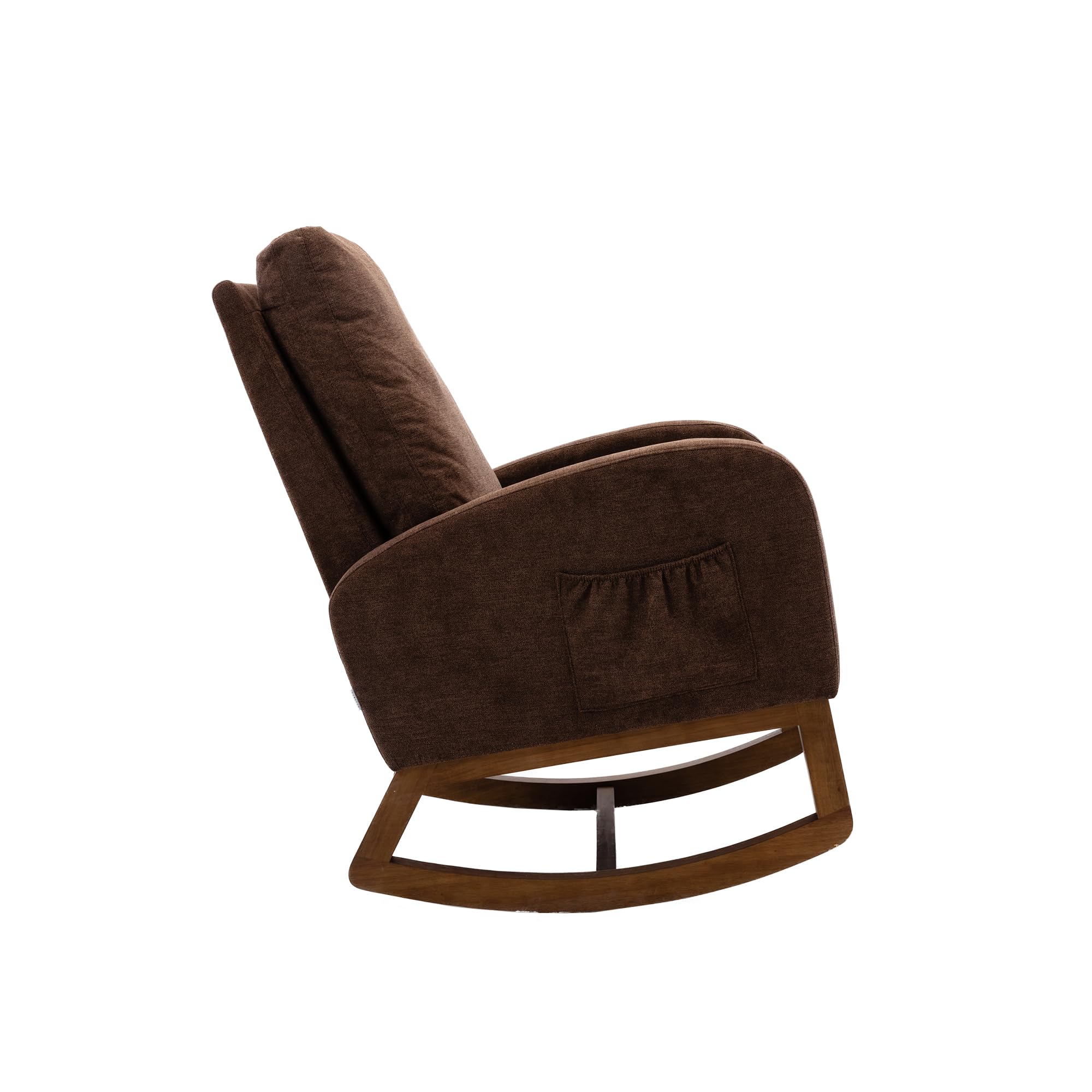 I0I&I0I Mecedora Mid-Century moderna, respaldo alto, madera de árbol de goma, bolsillos laterales, salón y habitación infantil, capacidad de carga de 150 kg, cómodo acolchado (café)
