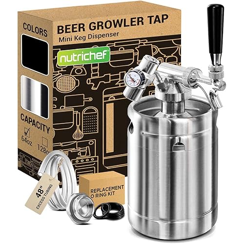 NutriChef Pressurized Growler Tap System, 64oz Stainless Steel Mini Keg Dispenser Portable Kegerator Kit, Co2 Pressure Regulator Keeps Carbonation for Craft Beer, Draft and Homebrew