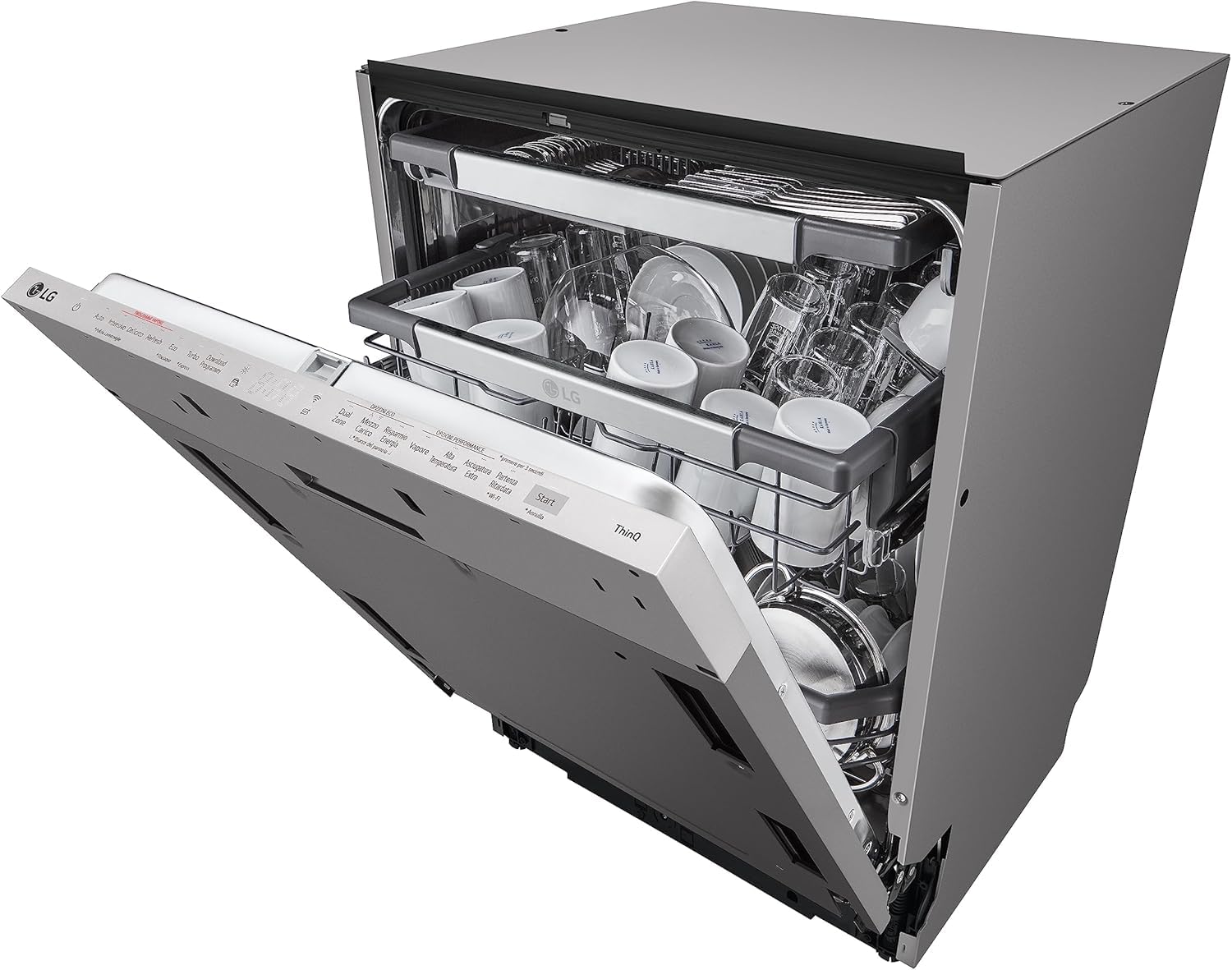 LG QuadWash DB365TXS Lavastoviglie da Incasso a Scomparsa Totale, Serie 3, Classe B, 14 coperti, 4 Bracci Irroratori, Vapore, Cerniere Sliding, Apertura Automatica, 3° Cestello, Wi-Fi, Acciaio