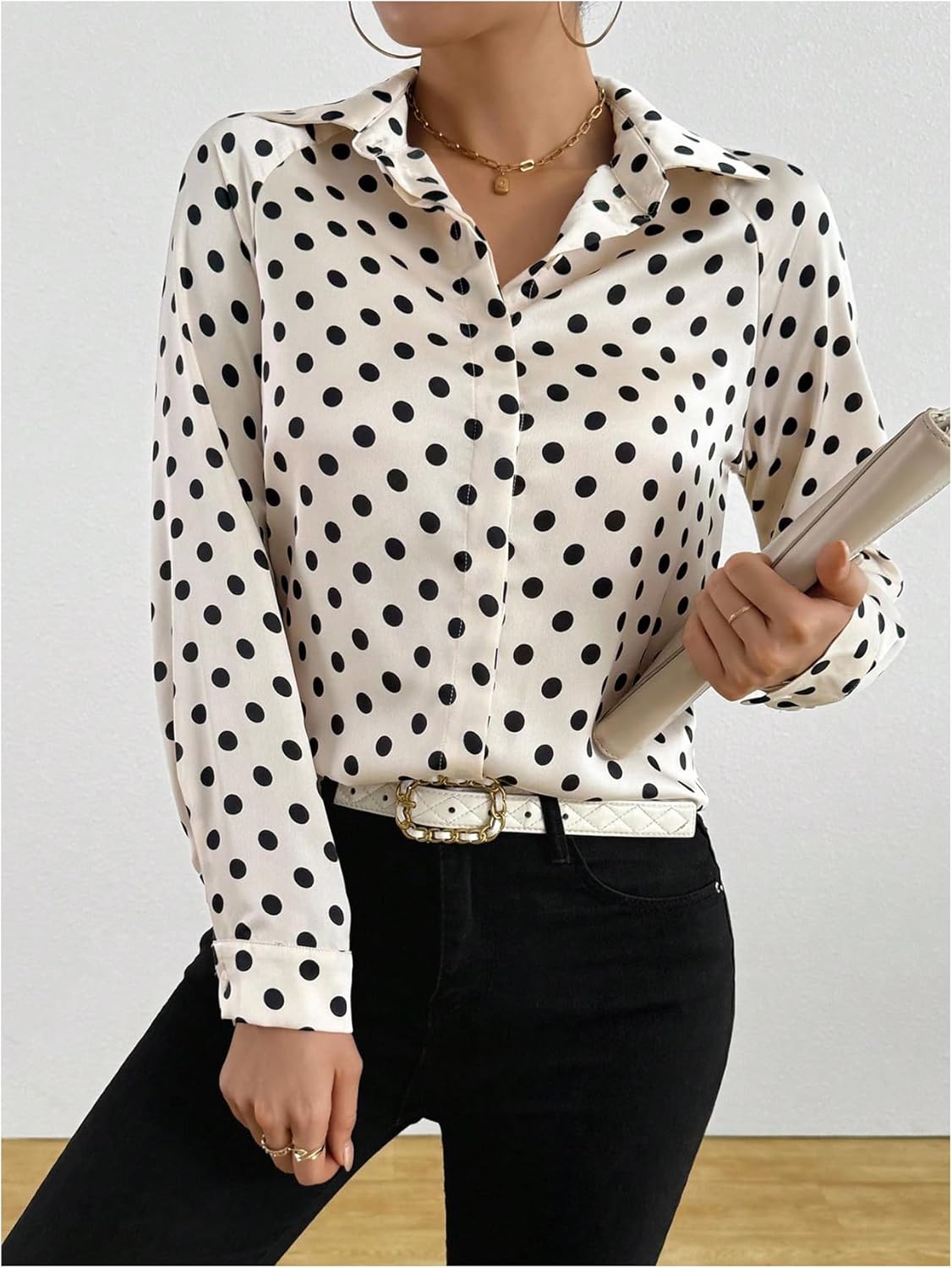 SweatyRocks Women's Button Down Shirts Long Sleeve Polka Dots Business Casual Satin Blouse Top - Image 5