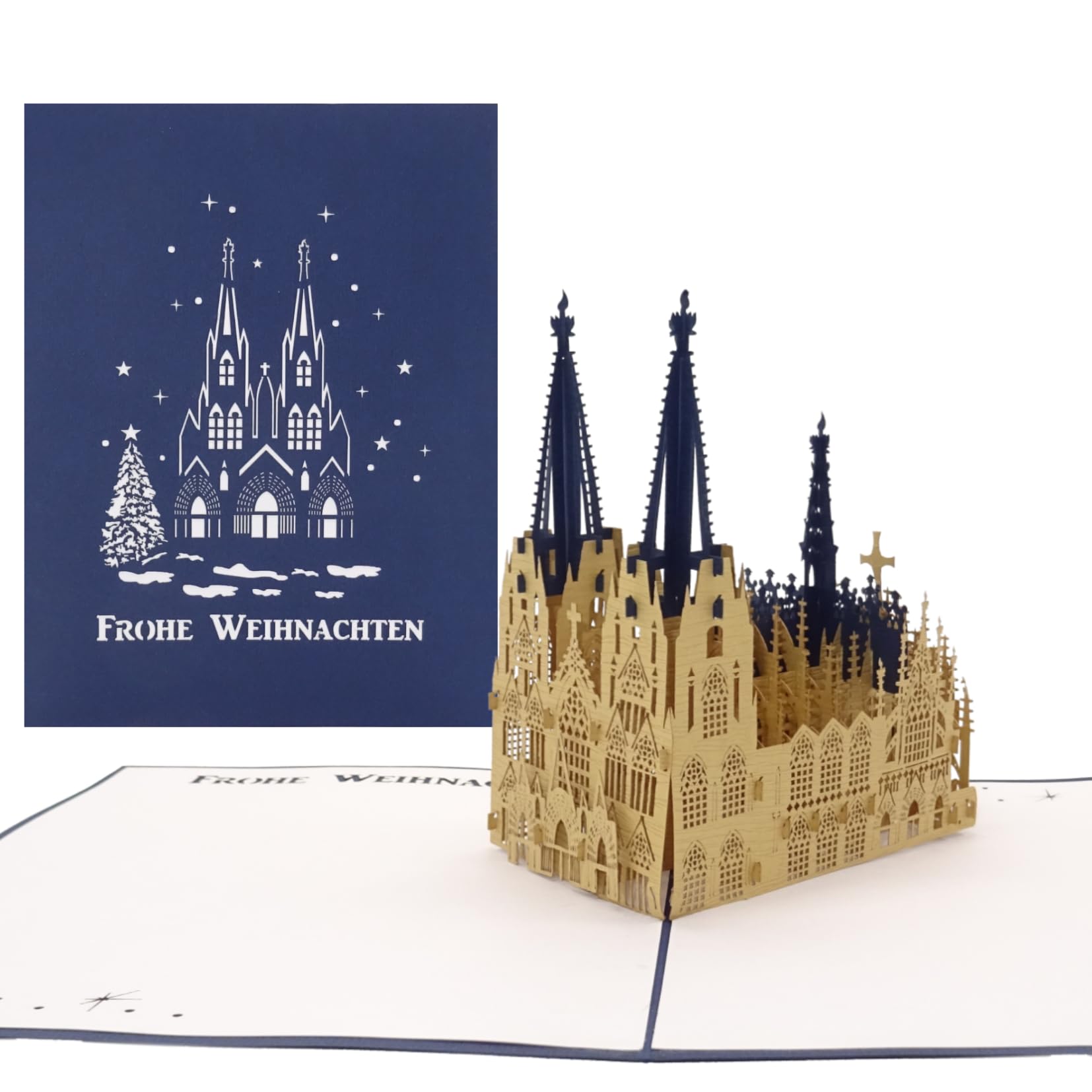 3D Pop-Up Weihnachtskarte 'Tannenbaum | Köln' – Mit Umschlag, 15x15 Cm, Blau, Handgefertigt