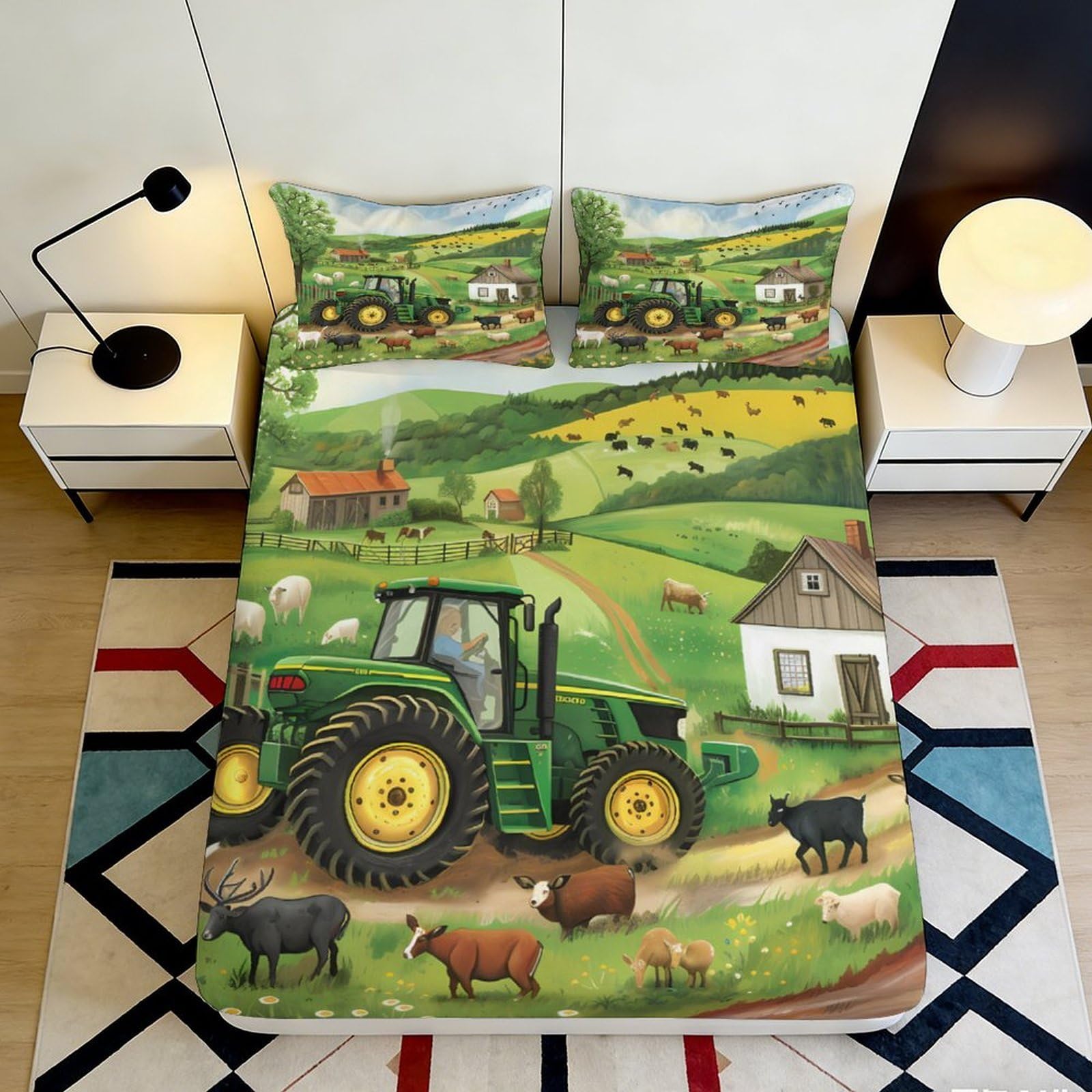 3D Printed Green Tractor Farm Landscape Fitted Sheet Microfiber Soft Animal Pattern Bed Cover for Bedroom Guestroom 90x200x25cm