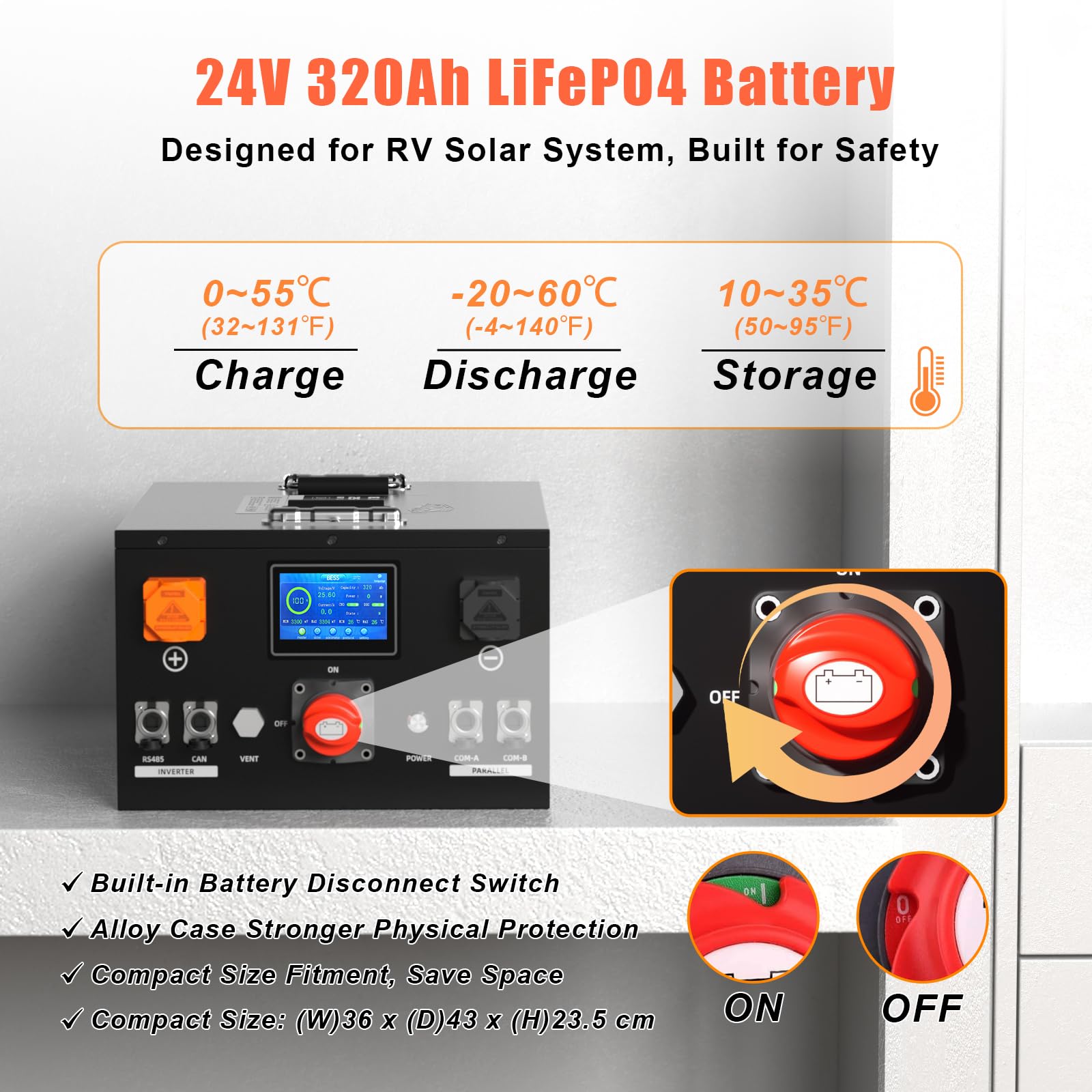Batteria al litio LiFePO4 da 24 V, 320 Ah, capacità 8192 Wh, con protocollo CAN/RS485, con built-in 200 A, BMS per roulotte, inverter da 24 V, impianto solare indipendente dalla rete