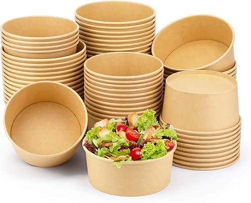 Miniatura 1 de Paquete de 50 cuencos de ensalada de papel desechables de 37 onzas con tapas transparentes y 25 cuencos de papel desechables de 25 onzas con tapas