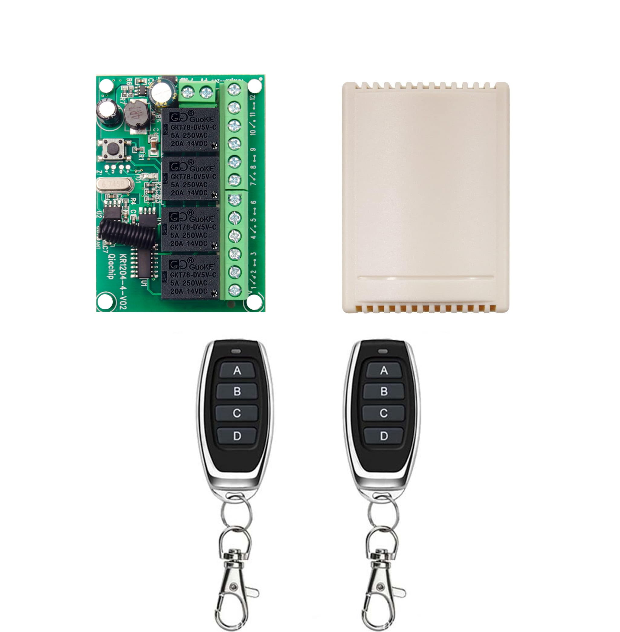 QIACHIP Commutateur de télécommande sans fil 6V 12V 24V, récepteur de Relais RF 10A 4CH 433Mhz avec 2 émetteurs pour Moteur, Porte de Garage, lumière, Rideau électrique, Bricolage