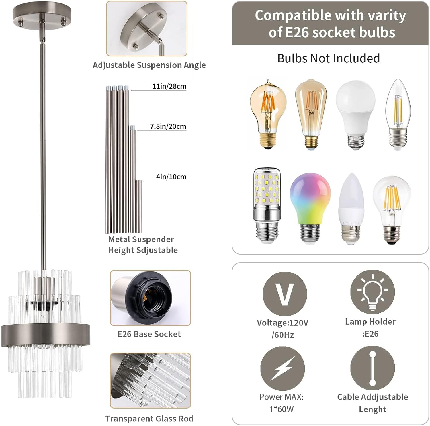 Pendant Light Fixtures, 7inch Modern Glass Pendant Lighting, Brushed Nickel Kitchen Island Pendant Lights, Height Adjustable Pendant Lighting (Brushed Nickel, 1 Pack)