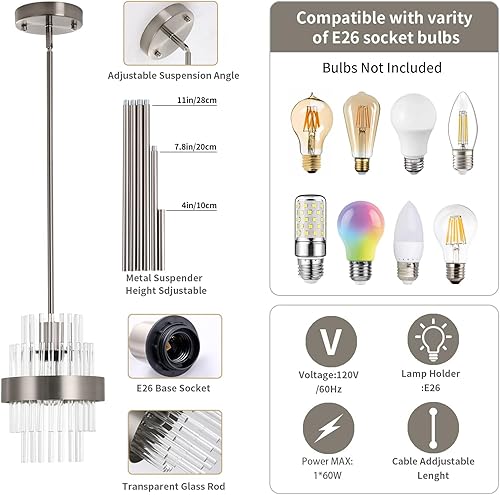 Miniatura 3 de IkirourI Lámparas colgantes de 12 pulgadas, modernas luces colgantes de cristal de níquel cepillado, luces colgantes de isla de cocina, iluminación