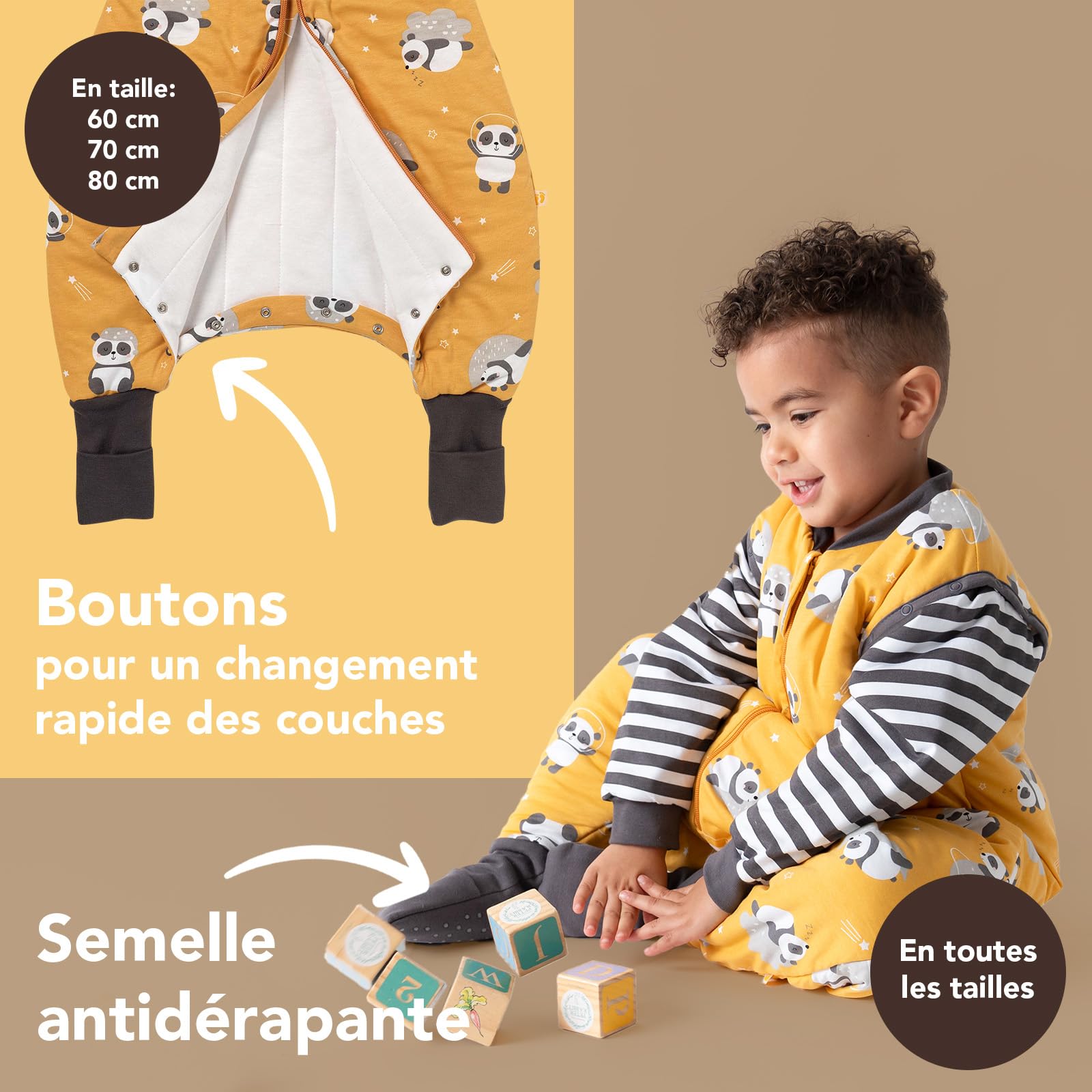 schlummersack Slumbersac gigoteuse à pieds été pour bébé 1.0 Tog 80 cm légère et douce, Panda| Turbulette avec ouvertures aux jambes et manches, taille 80-90 cm, pour été & printemps
