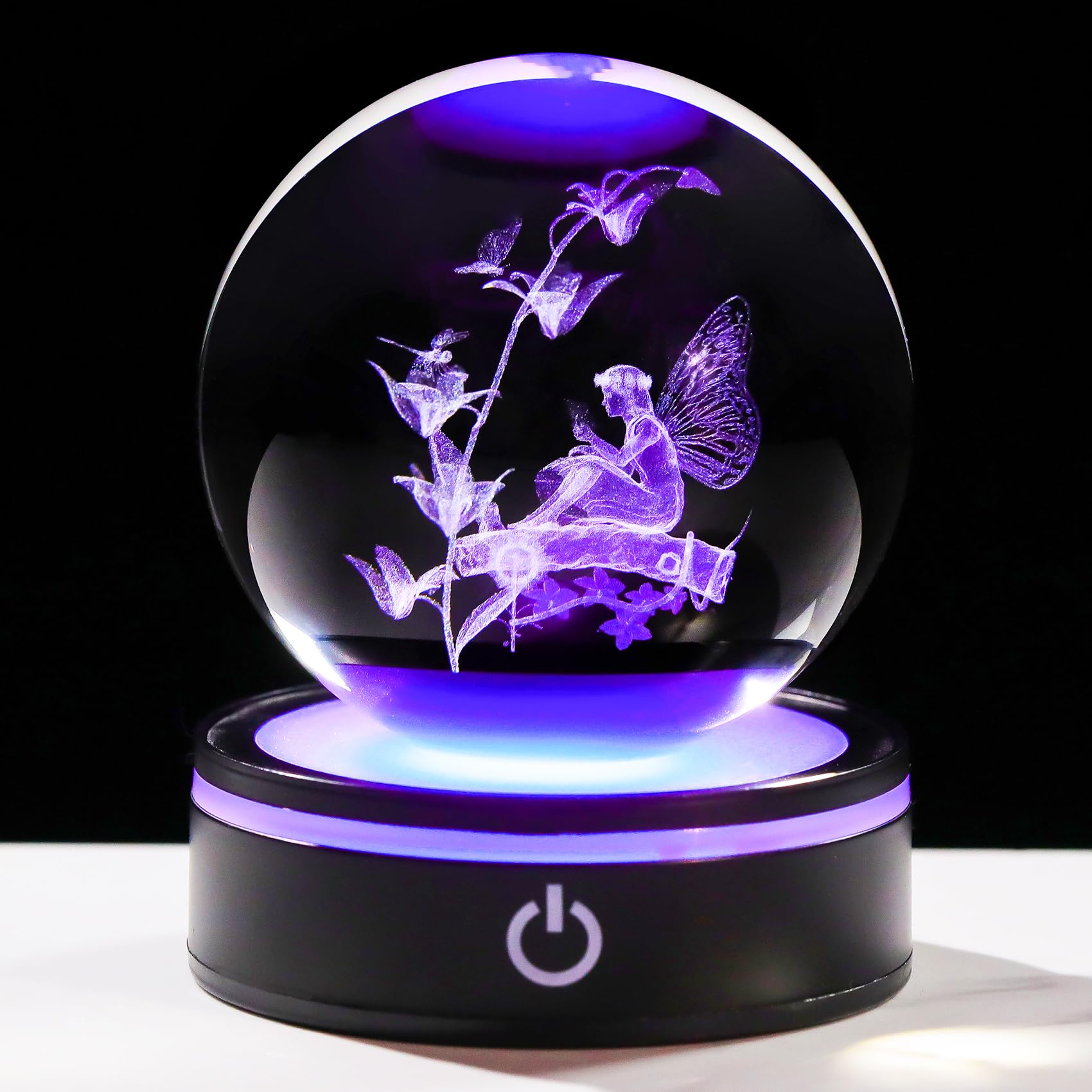 YWHL 3D Butterfly Fairy Figurine Crystal Ball with Colorful Light Base, Fairy Gifts for Women Girls on Christmas Birthday, Laser Engraved Elf Full Sphere Glass Decorative Ball for Home Office (80mm)