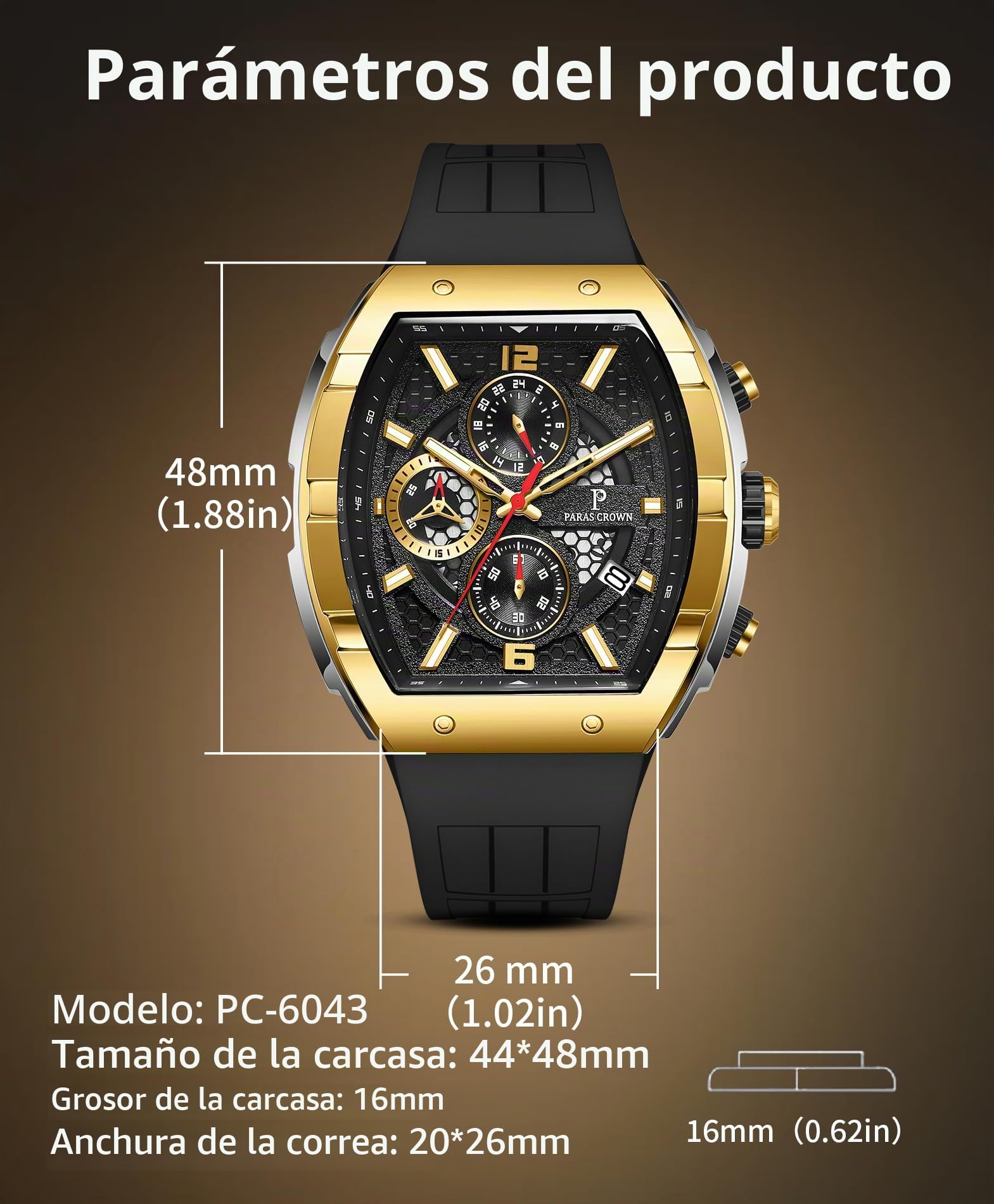 PC PARAS CROWN Reloj Hombre Cronógrafo Deportivo Casual con Movimiento Japonés Resistente al Agua 5 ATM Caja Tonneau de Acero Inoxidable Correa de Silicona Cuarzo