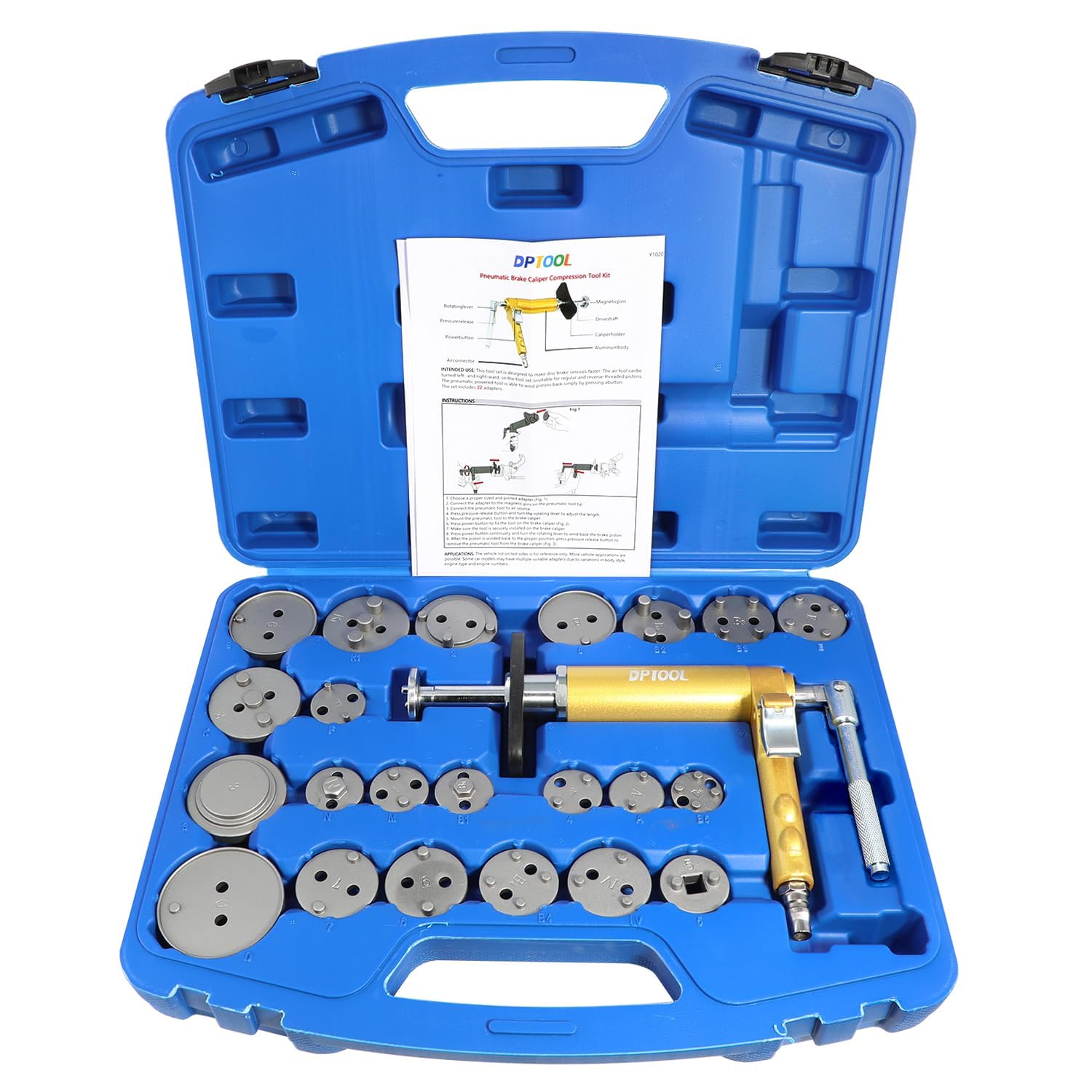 DPTOOL Kit di strumenti di compressione per pinza freno pneumatica da 23 pezzi, pinza freno pneumatico, pistone e cuscinetto per la regolazione della parte posteriore del vento, con adattatori da 22