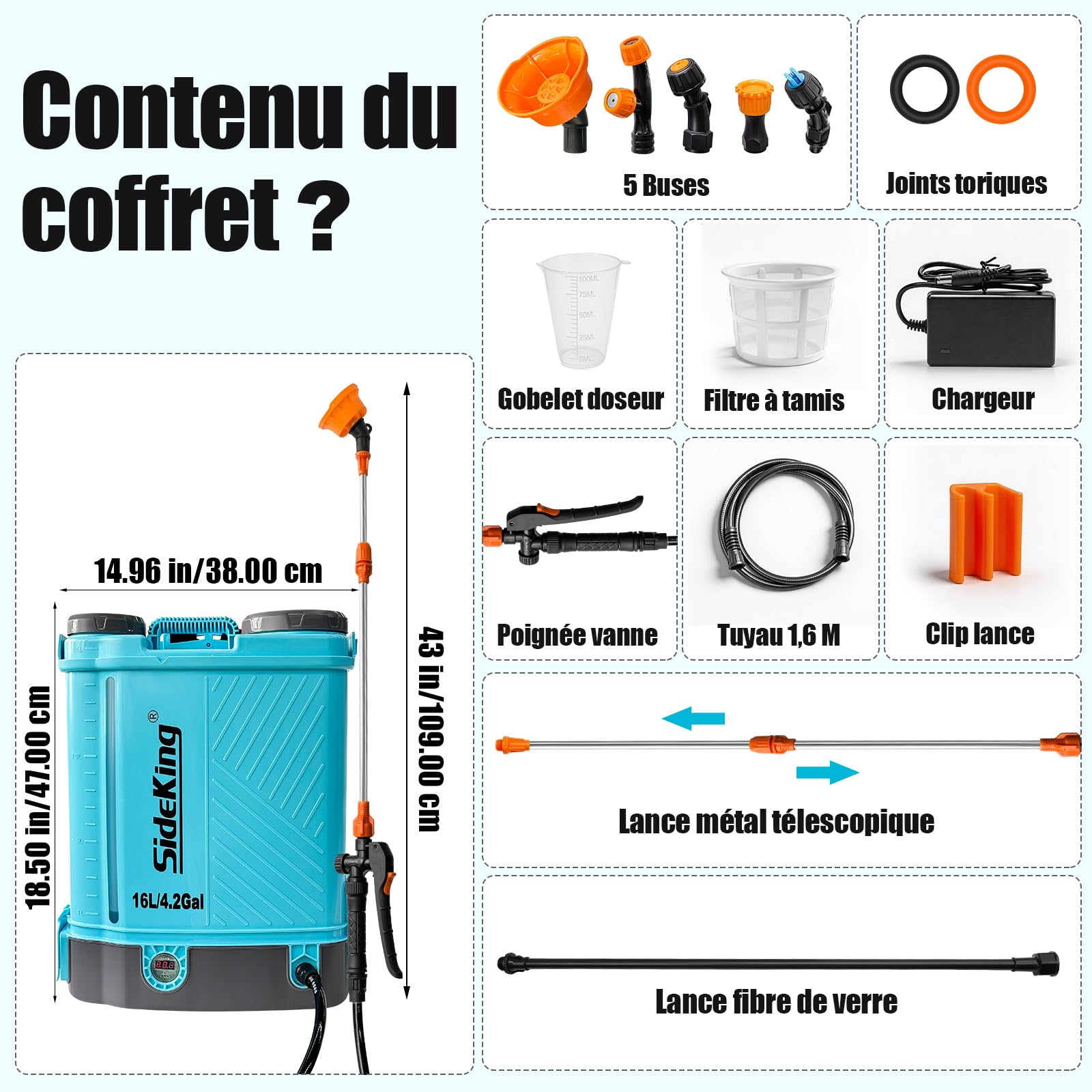 SideKing Pulvérisateur à Dos 16L, Pulvérisateur Électrique Compatible avec Makita 18V, Pression Réglable 7 Bar, Lance Télescopique, Soutien Lombaire, Pulvérisateur de Jardin pour Toiture & Terrasse