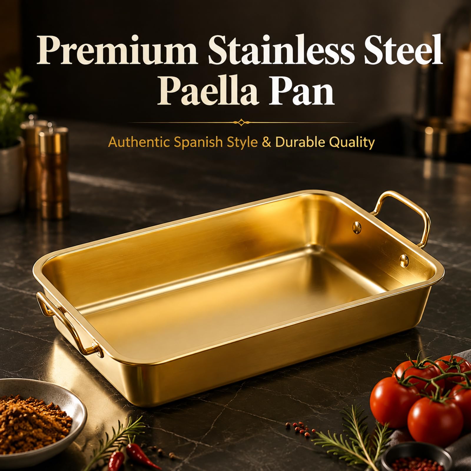 Padella per Paella in Acciaio Inox, Padella Rettangolare Spagnola per Frutti di Mare con Doppi Manici, Padella per aragoste per la Cucina di casa, Lavabile in lavastoviglie,d'oro,25cm/10inch | padella per aragoste per la cucina di casa, lavabile in lavast