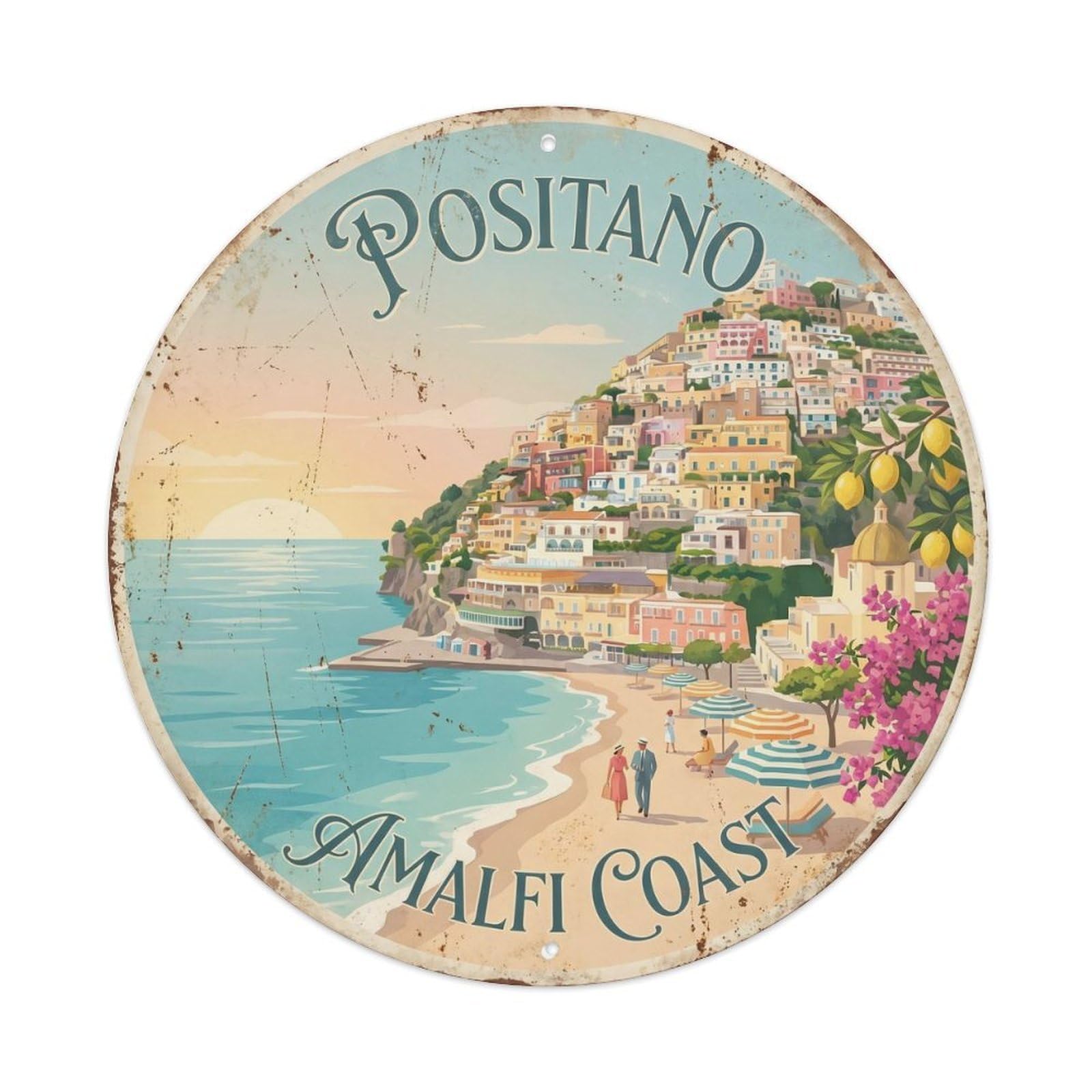 Vintage Travel Positano Cliffside Coast Metal Tin Sign Plaque Wall Decor for Cafe, Club Bar, Office, Home Garden Round Metal Poster 8x8Inch